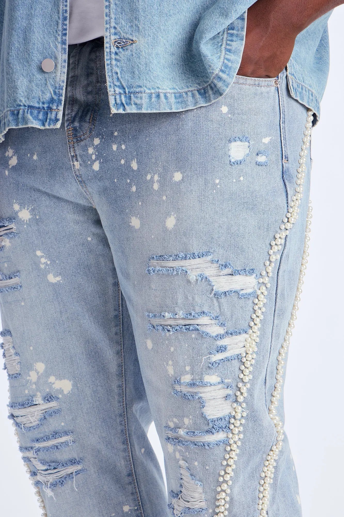 Straight Pearls And Destroyed Bleached Jean - Light Wash
