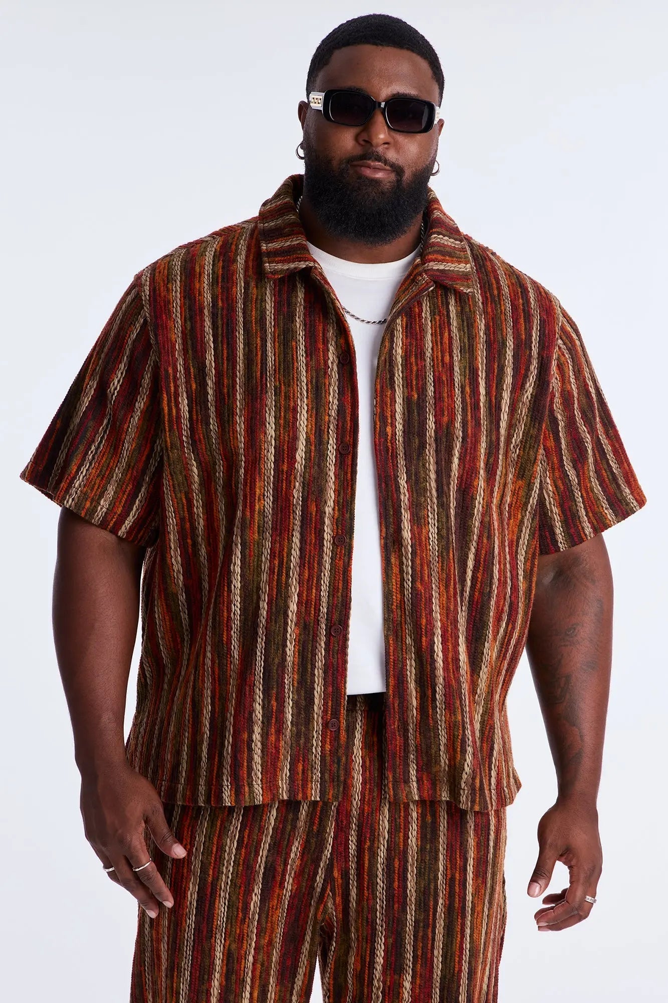 Melange Yarn Closed Closed Collar Short Sleeve Shirt - Brown/combo