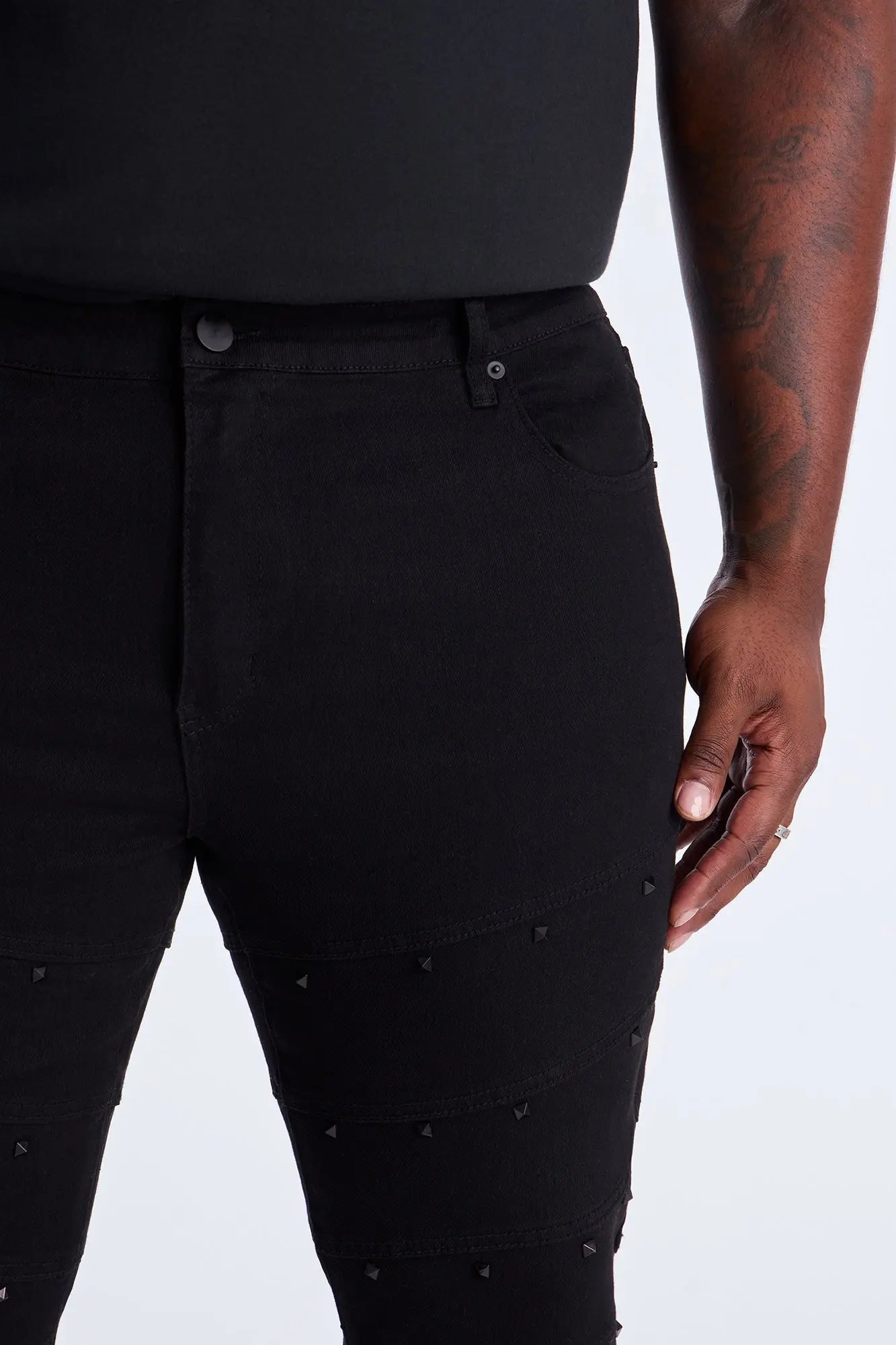 Stacked Skinny Flare Studded On Panels Jean - Black
