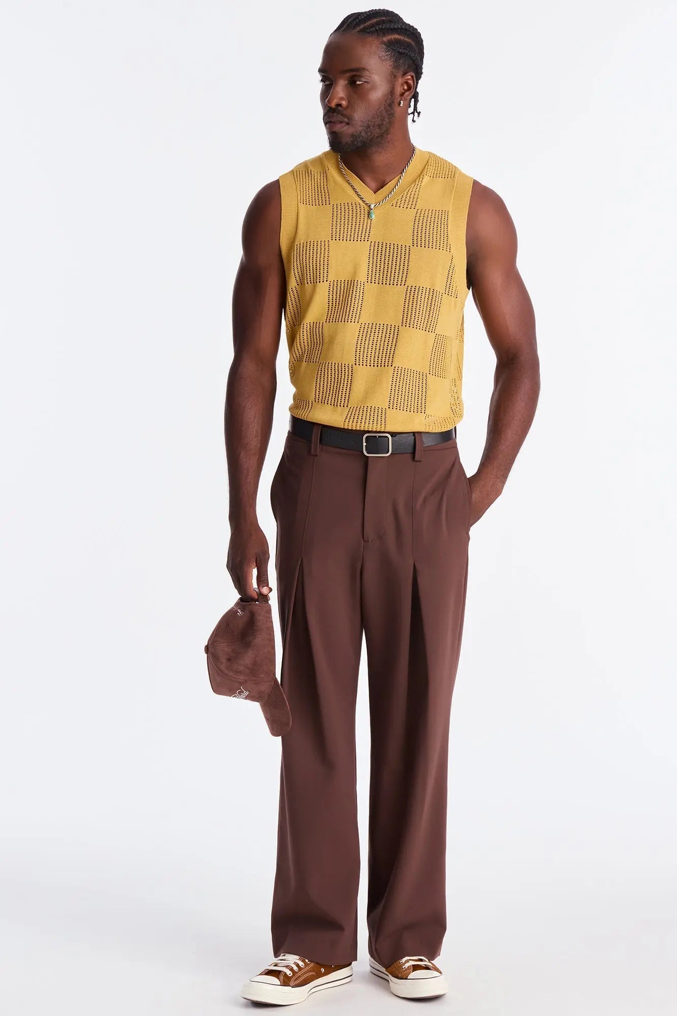 Textured Tiles V-Neck Vest - Mustard