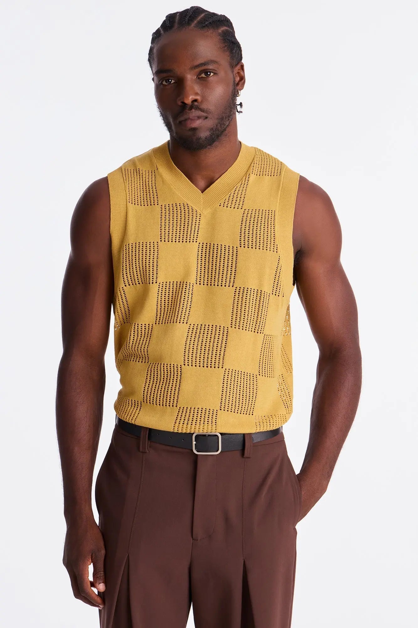 Textured Tiles V-Neck Vest - Mustard