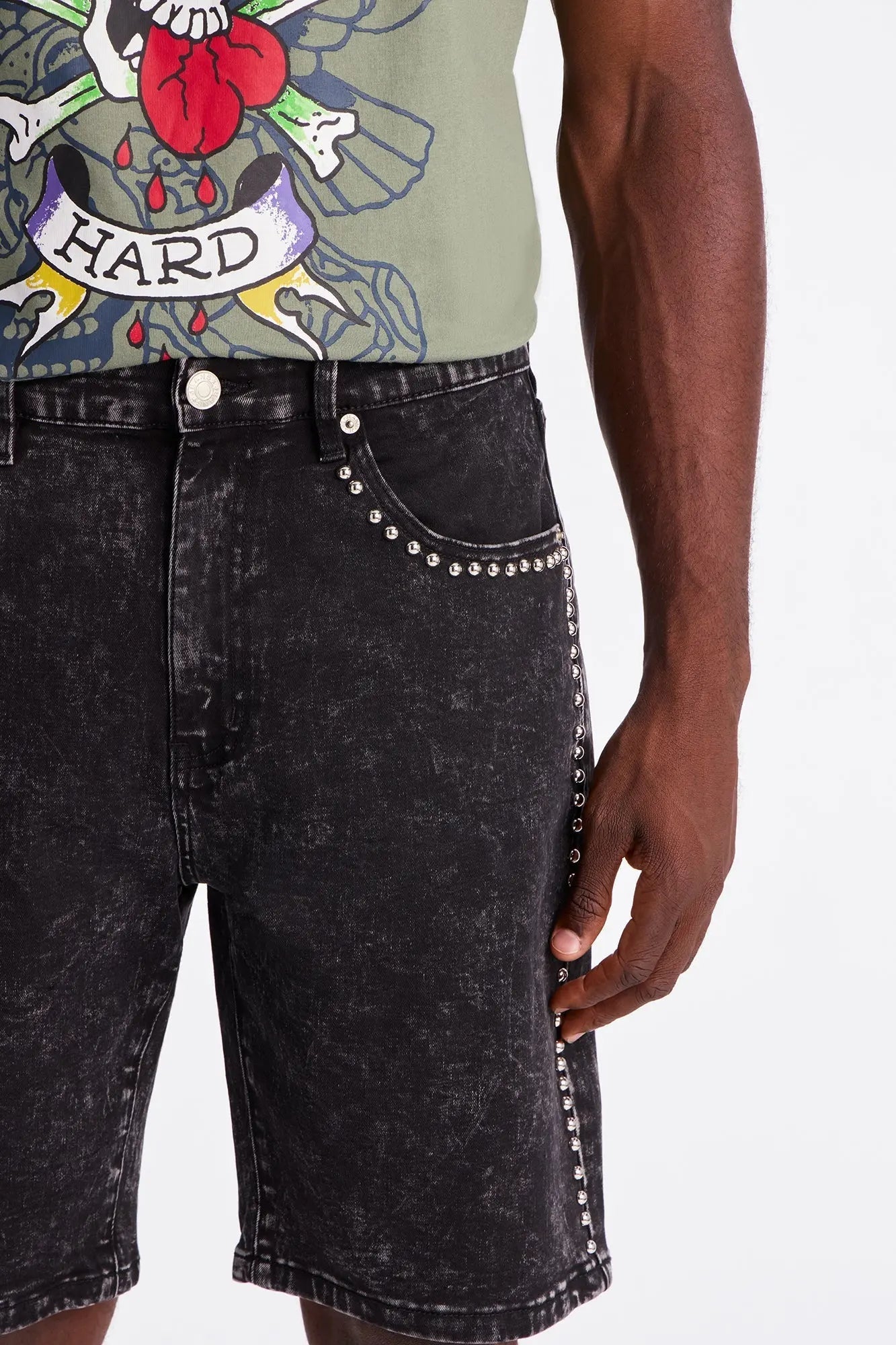 Slim Grindin Studded Denim Short - Black Wash