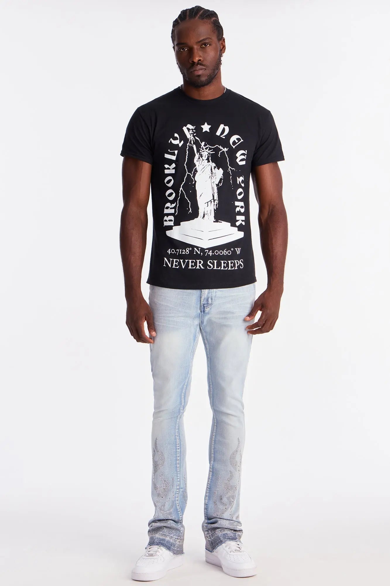 Stacked Skinny Flare Flames Up Jeweled Jean - Light Wash