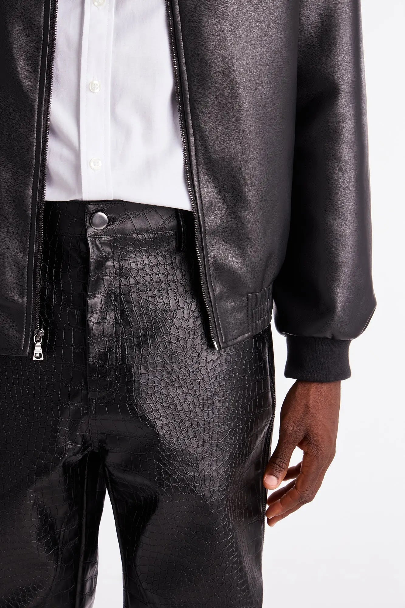Stacked Slim Flare Gator Embossed Faux Leather Pant - Black