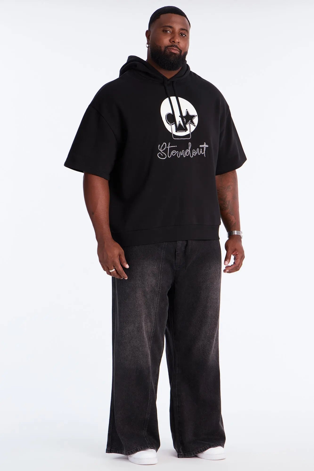 Standout Cording Short Sleeve Hoodie - Black