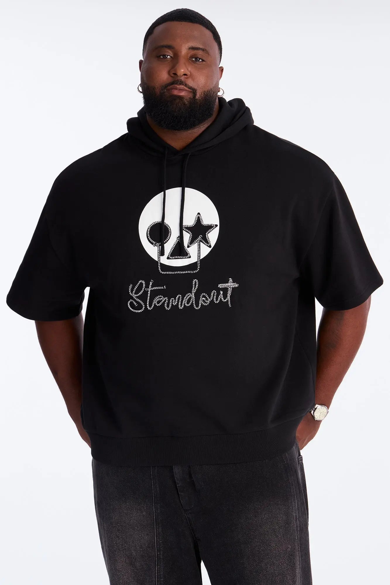 Standout Cording Short Sleeve Hoodie - Black