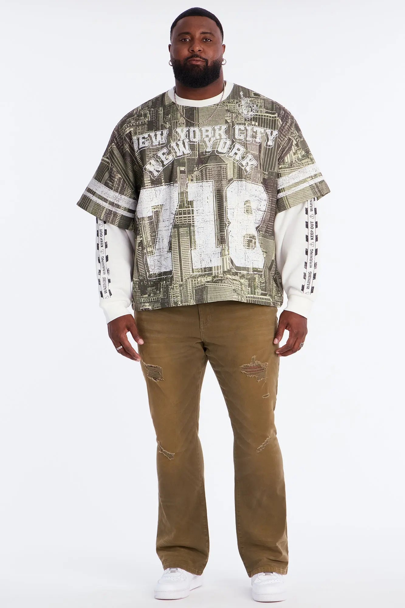 Oversized Concrete Jungle Skylines Long Sleeve Tee - Green/combo