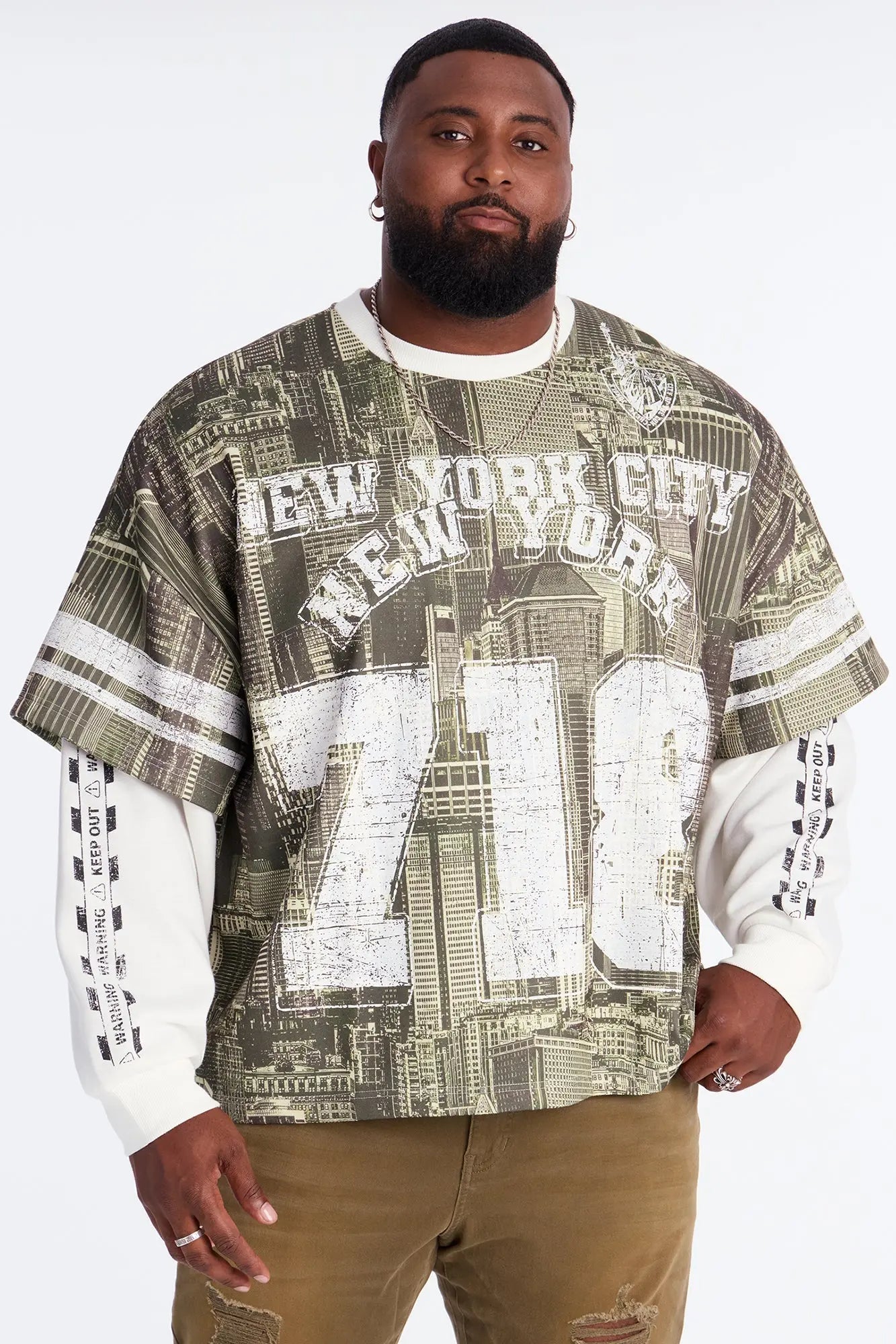 Oversized Concrete Jungle Skylines Long Sleeve Tee - Green/combo