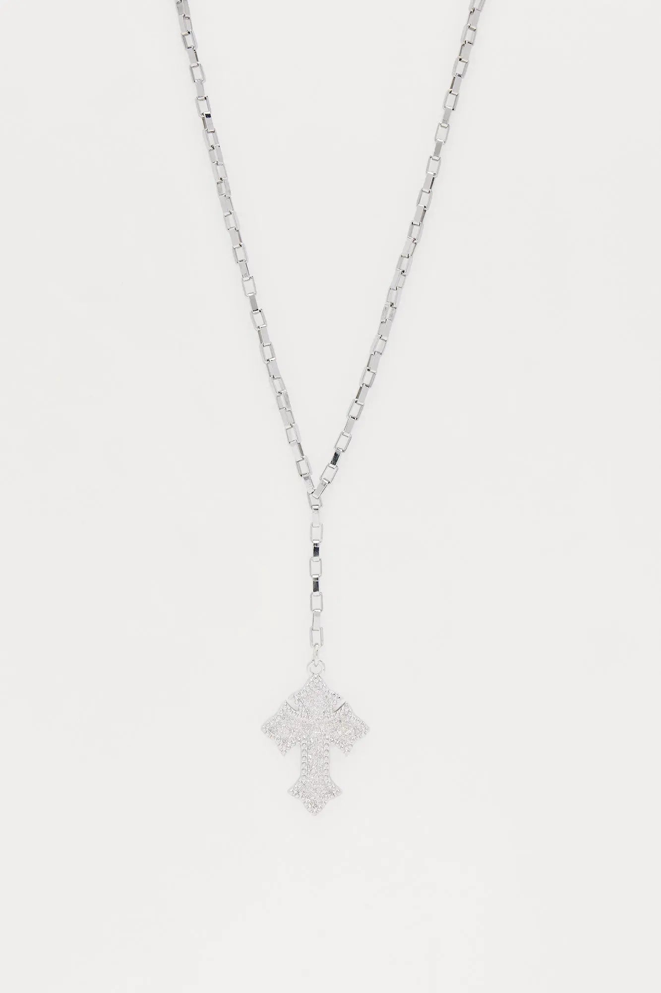 Nugget Cross Lariat Chain Necklace - Silver