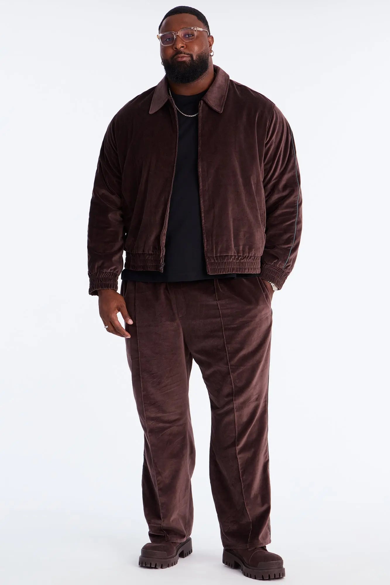 Straight Around The Track Faux Velour Piped Pant - Brown