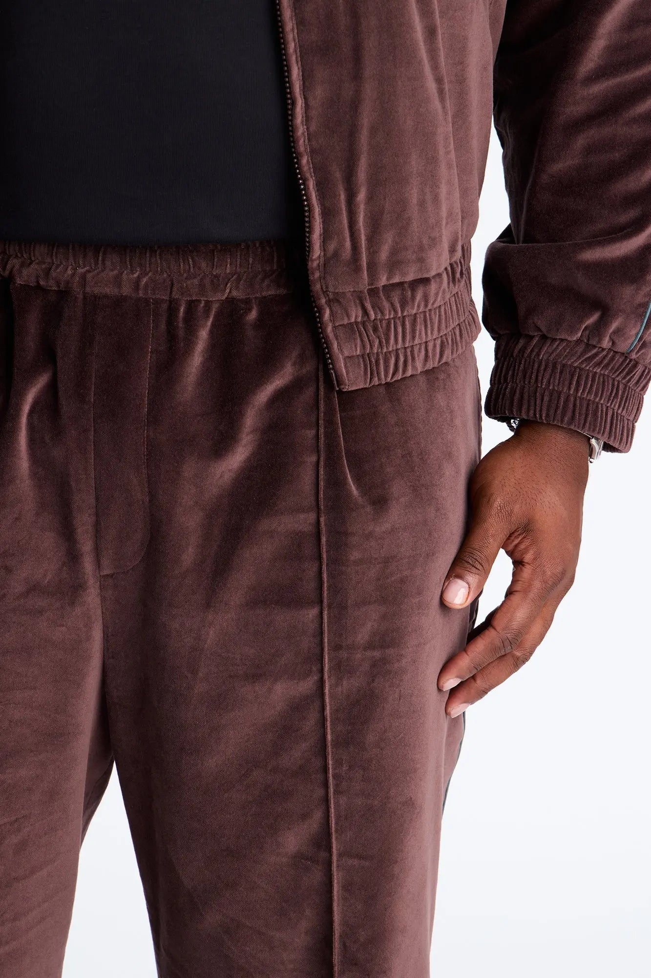 Straight Around The Track Faux Velour Piped Pant - Brown