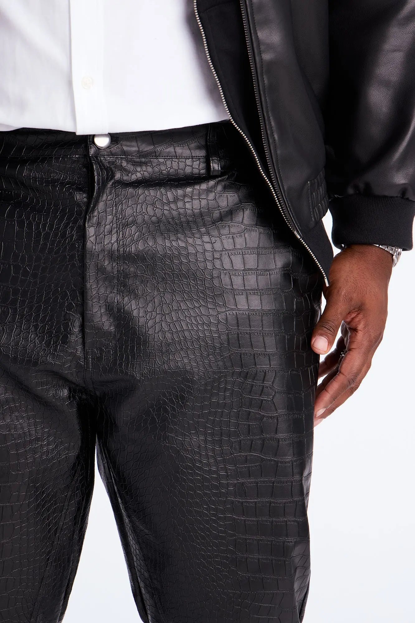 Stacked Slim Flare Gator Embossed Faux Leather Pant - Black