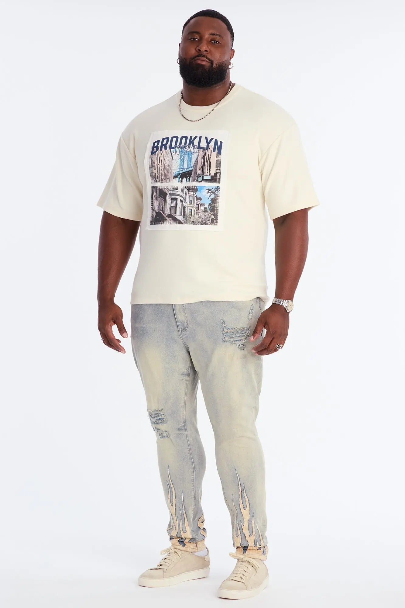 Relaxed Brooklyn NYC Frayed Patchwork Short Sleeve Tee - Off White/combo