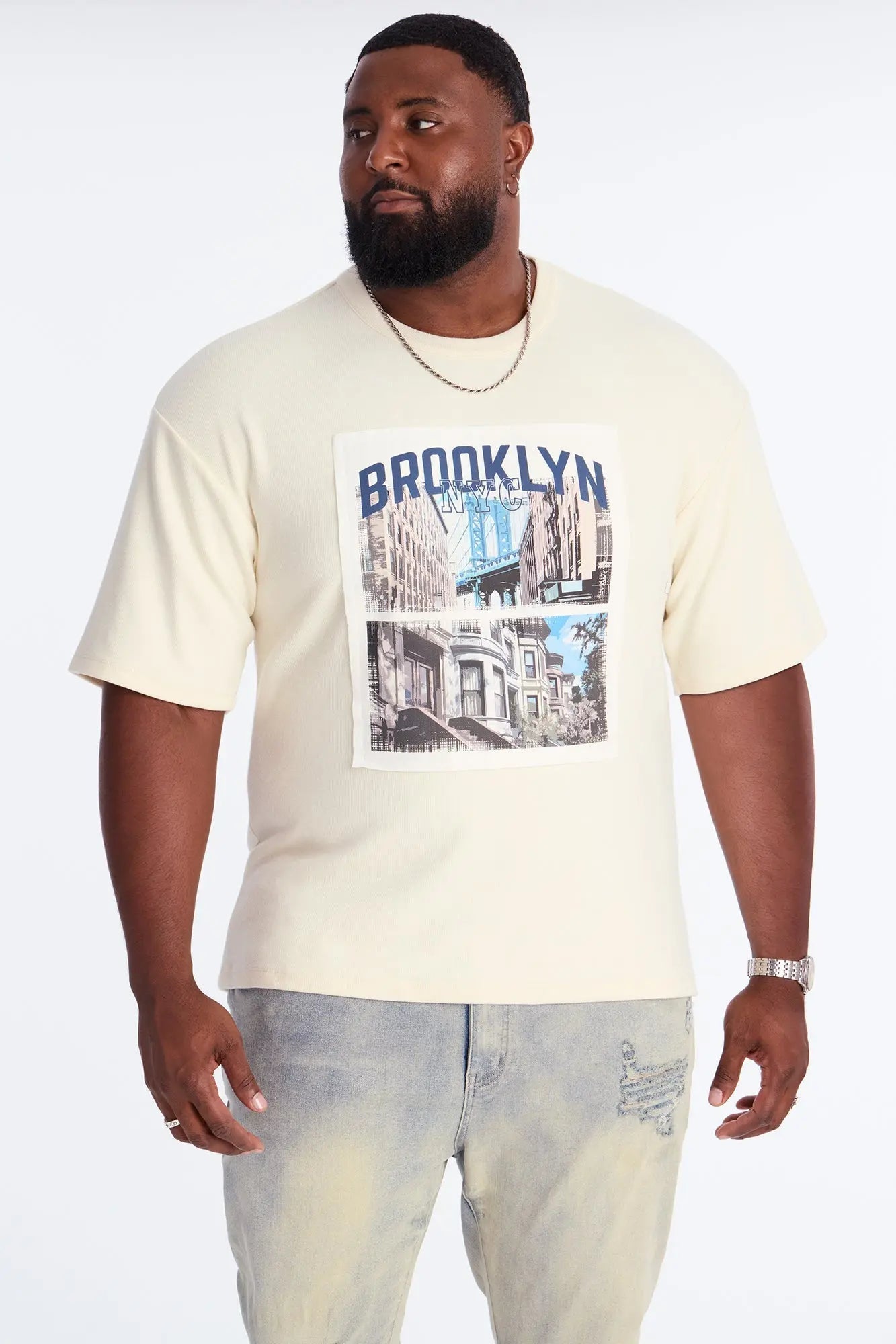 Relaxed Brooklyn NYC Frayed Patchwork Short Sleeve Tee - Off White/combo