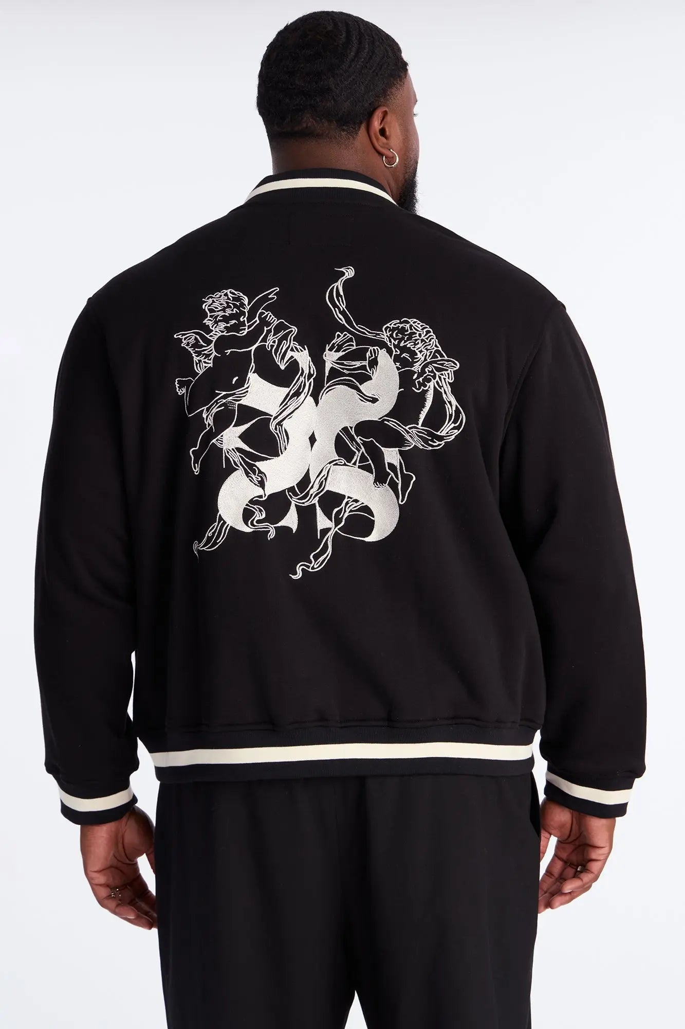Embroidered Angels Above Varsity Jacket - Black