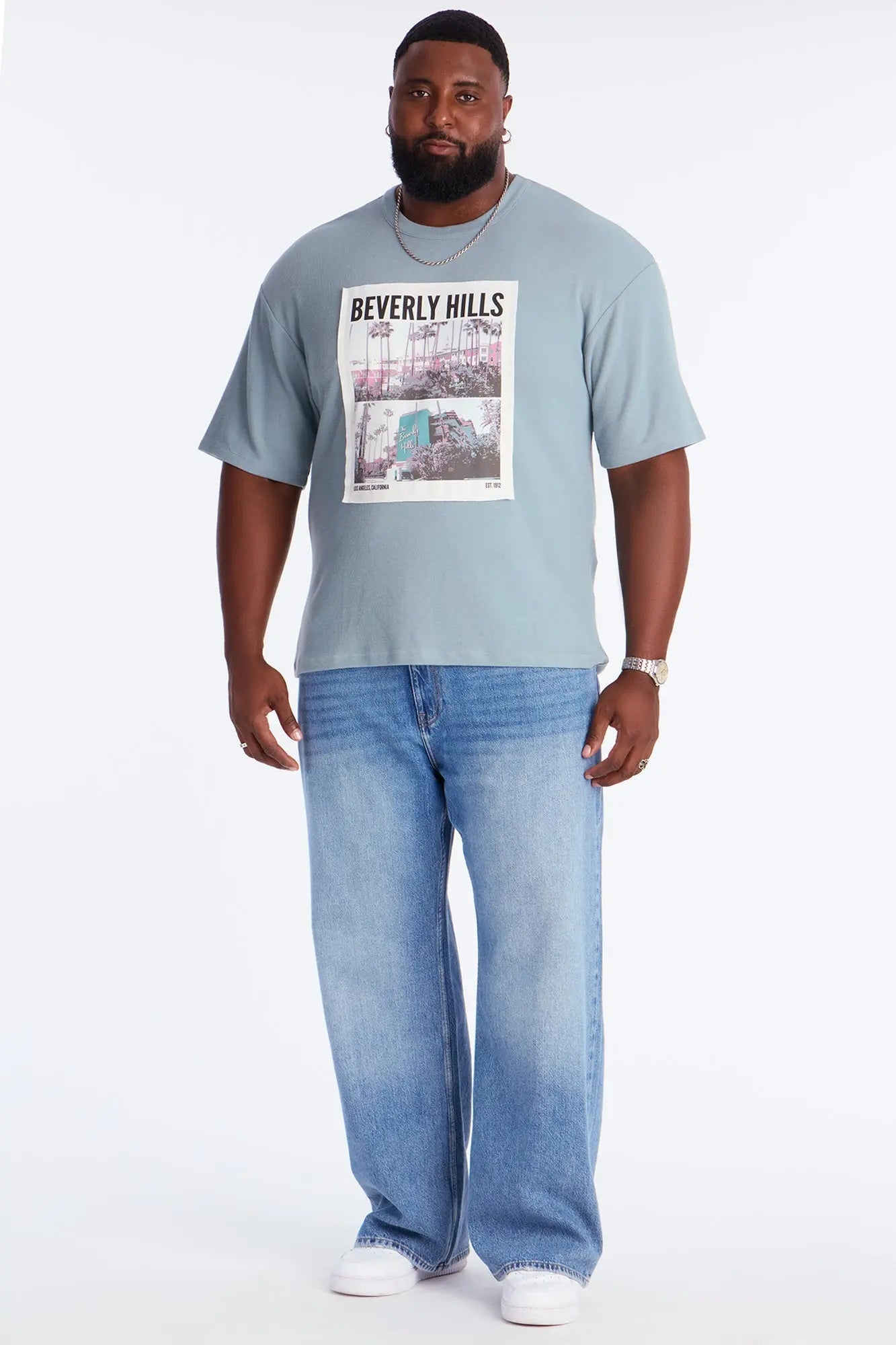 Relaxed Beverly Hills Frayed Patchwork Short Sleeve Tee - Blue/combo
