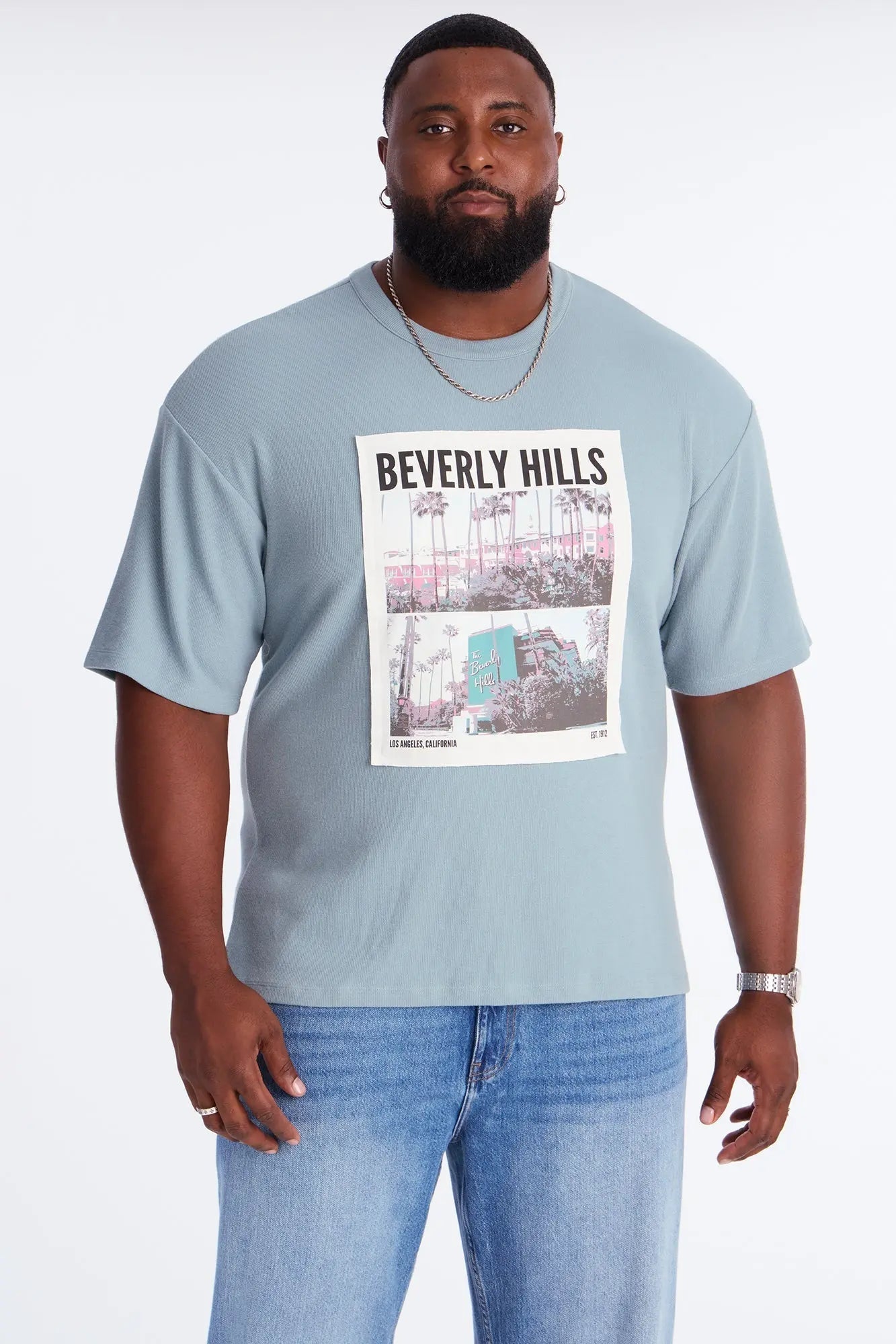 Relaxed Beverly Hills Frayed Patchwork Short Sleeve Tee - Blue/combo