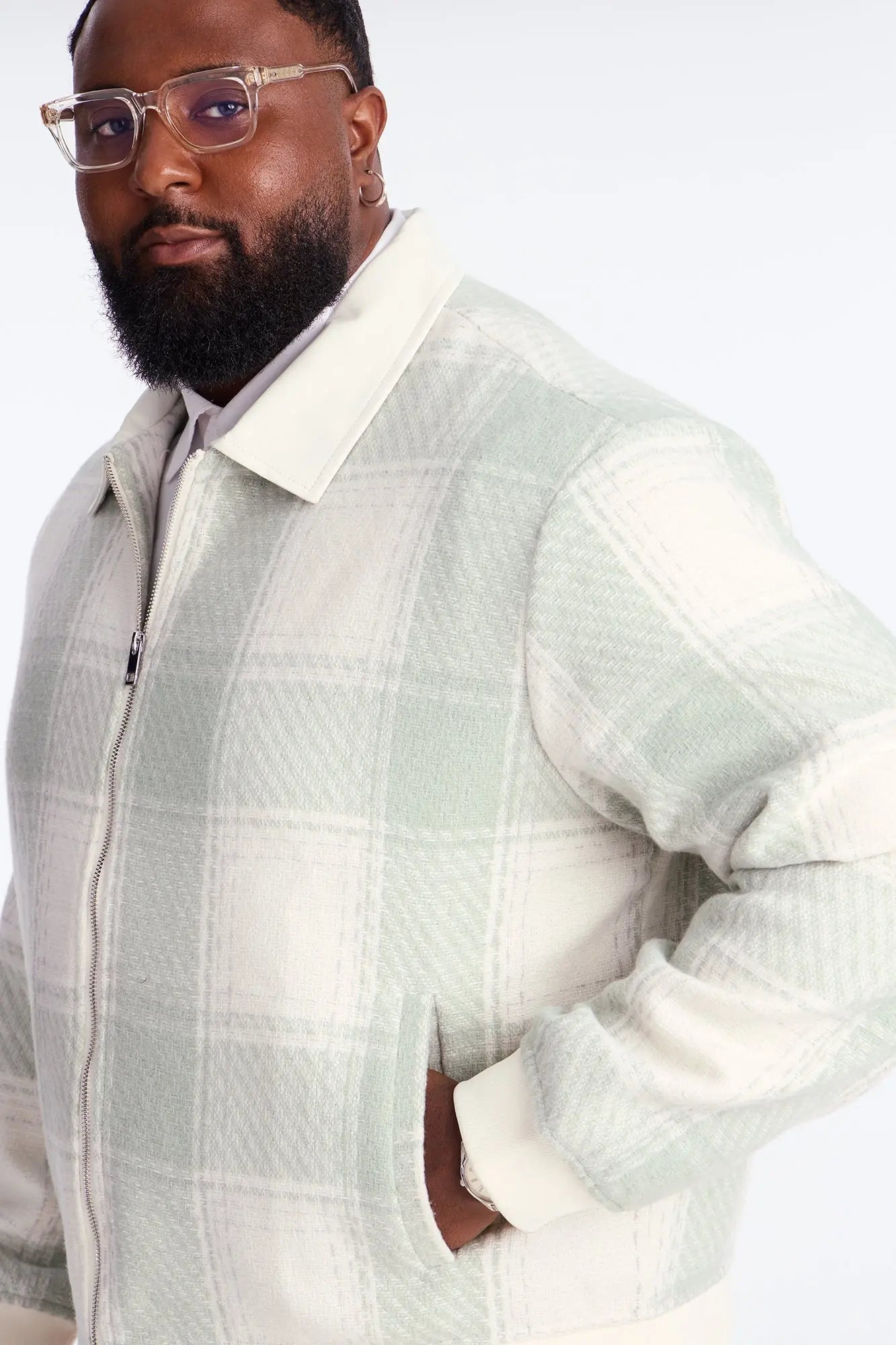 Tweed Plaid Bomber Jacket - Sage