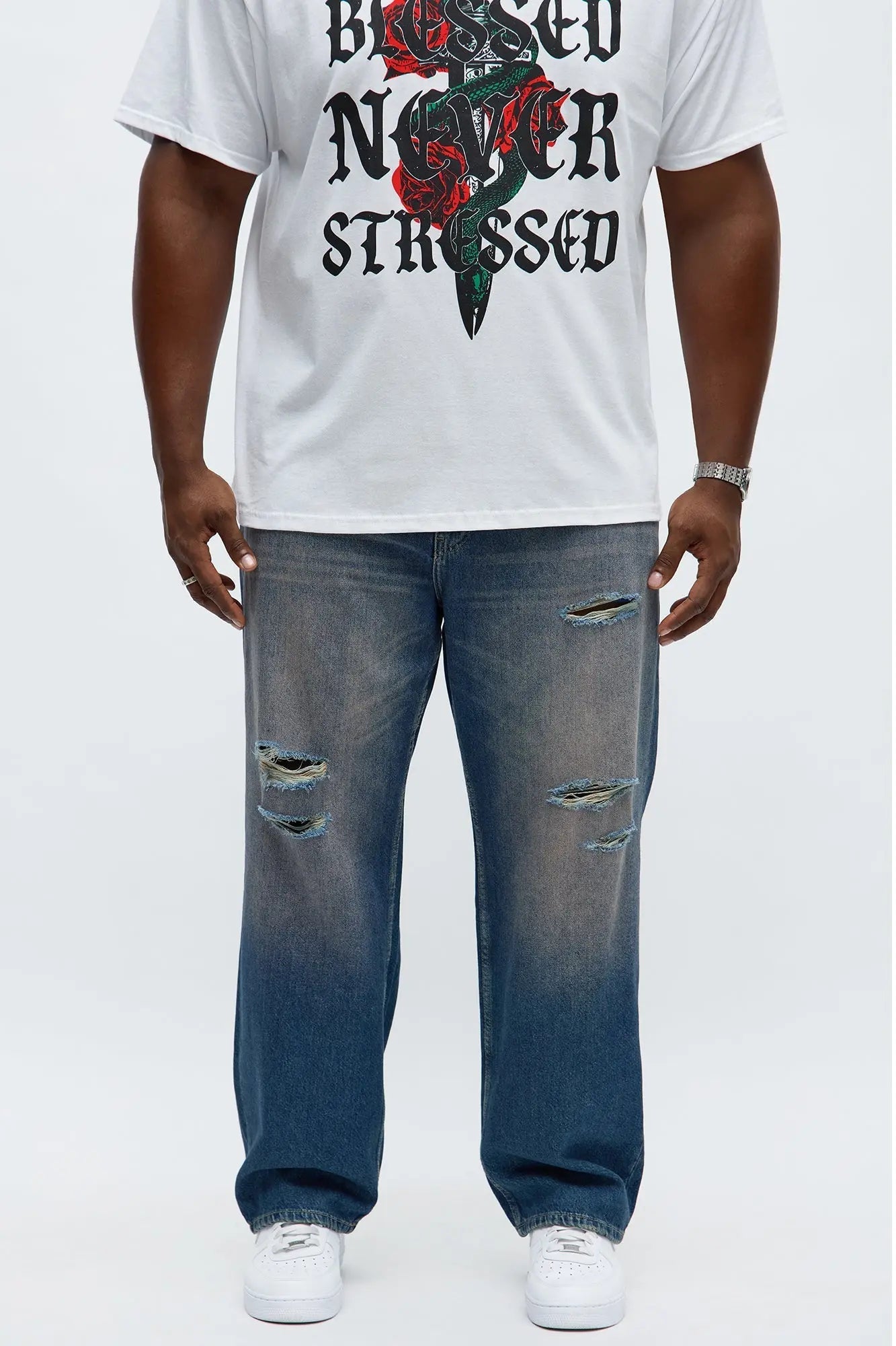 Relaxed Straight Haze Distressed Jean - Vintage Blue Wash