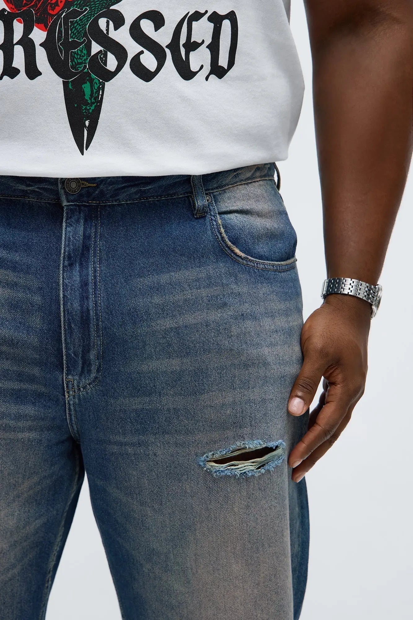 Relaxed Straight Haze Distressed Jean - Vintage Blue Wash