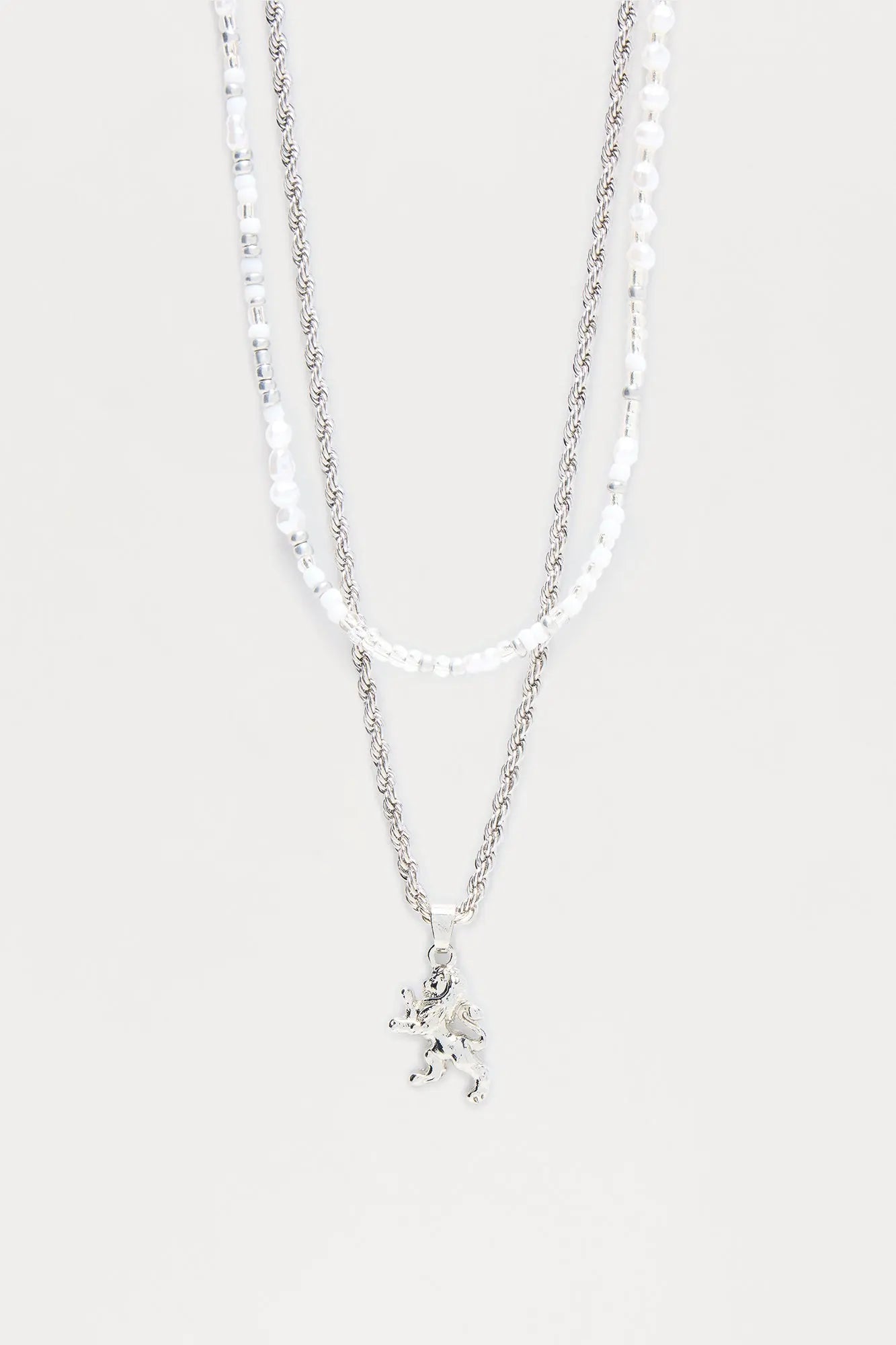 Lion Pendant Beaded Necklace Set - Silver/Combo