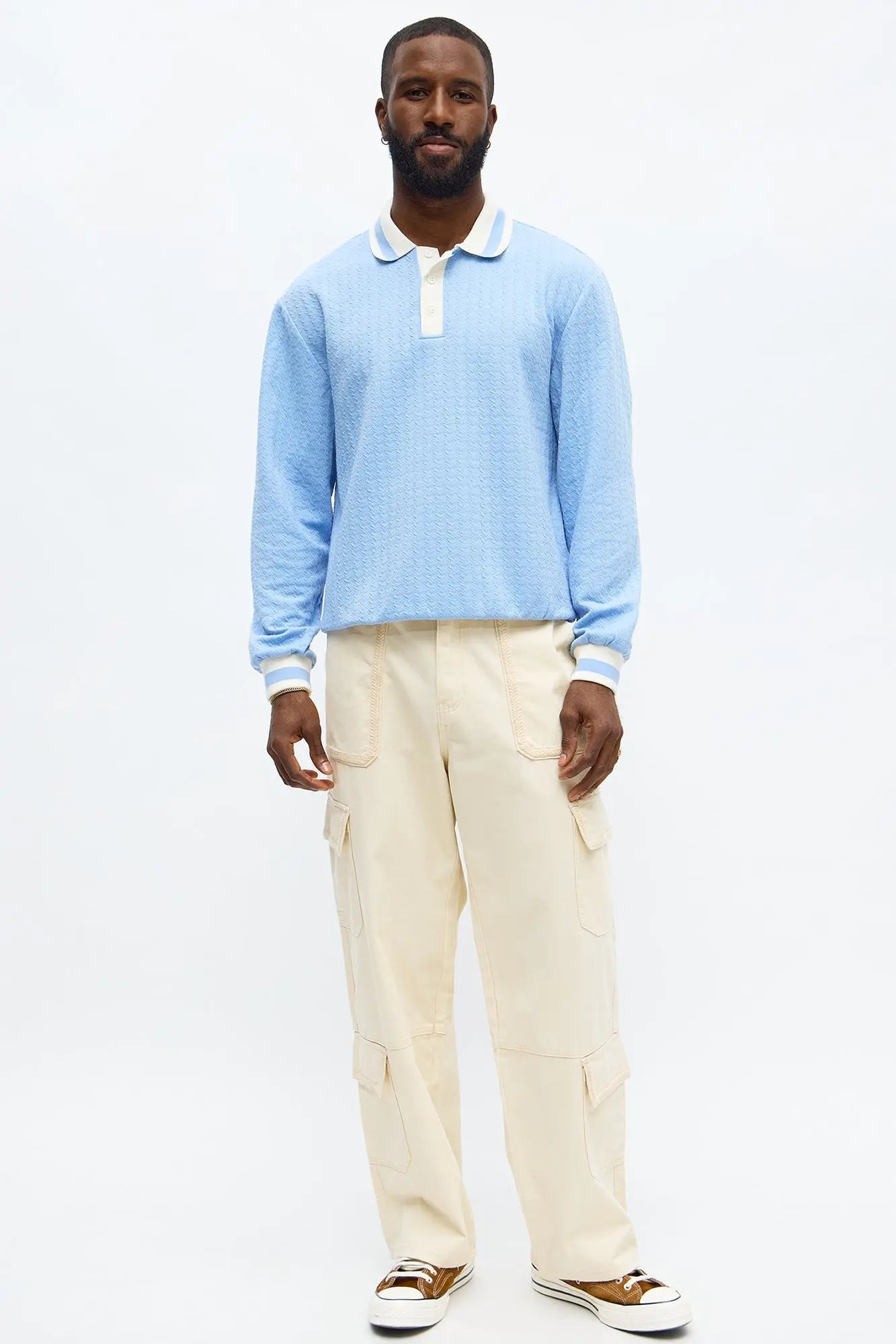 Andrew Textured Knit Long Sleeve Polo - Light Blue