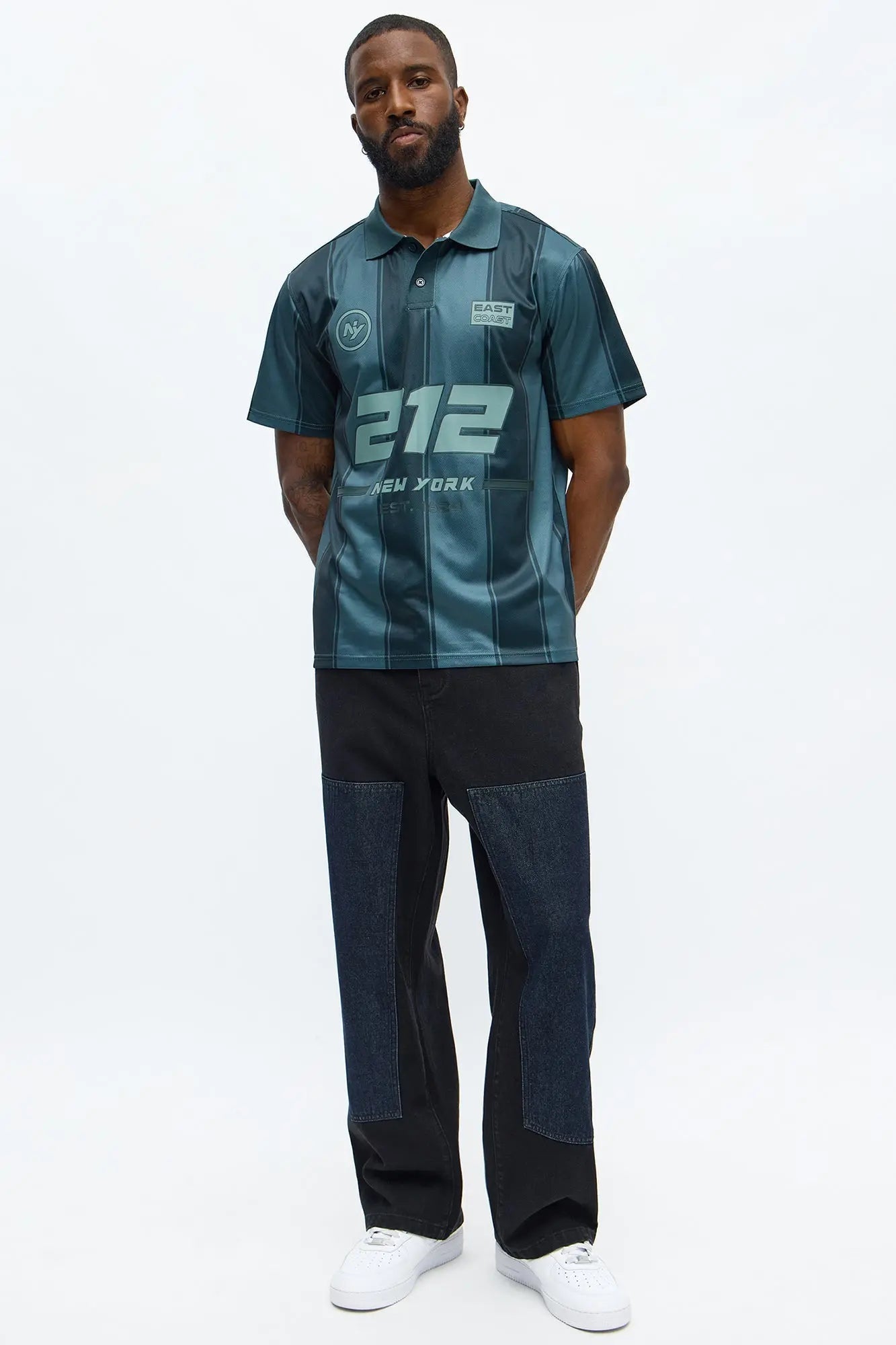 212 NY Striped Polo Top - Black/White