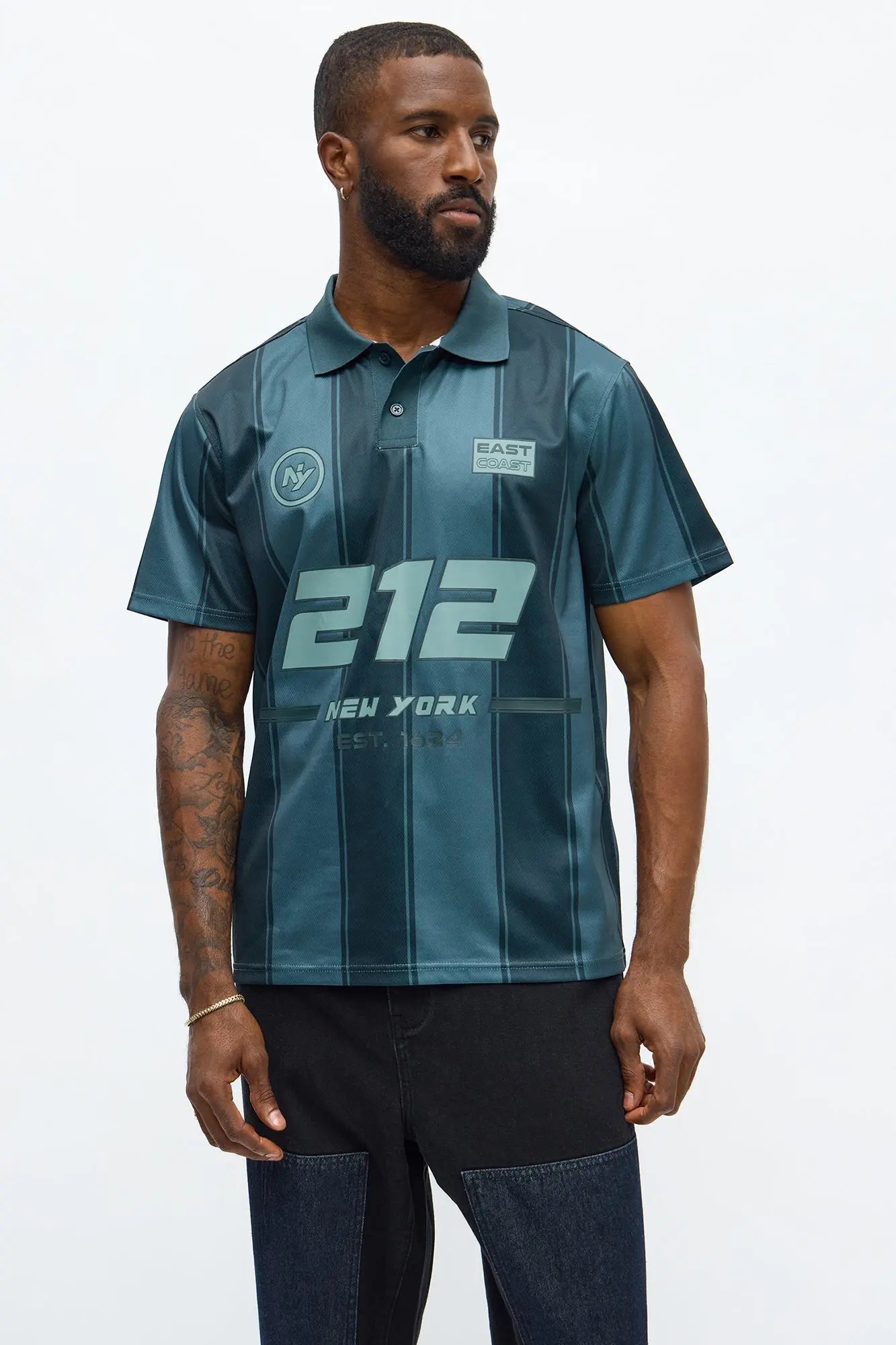 212 NY Striped Polo Top - Black/White