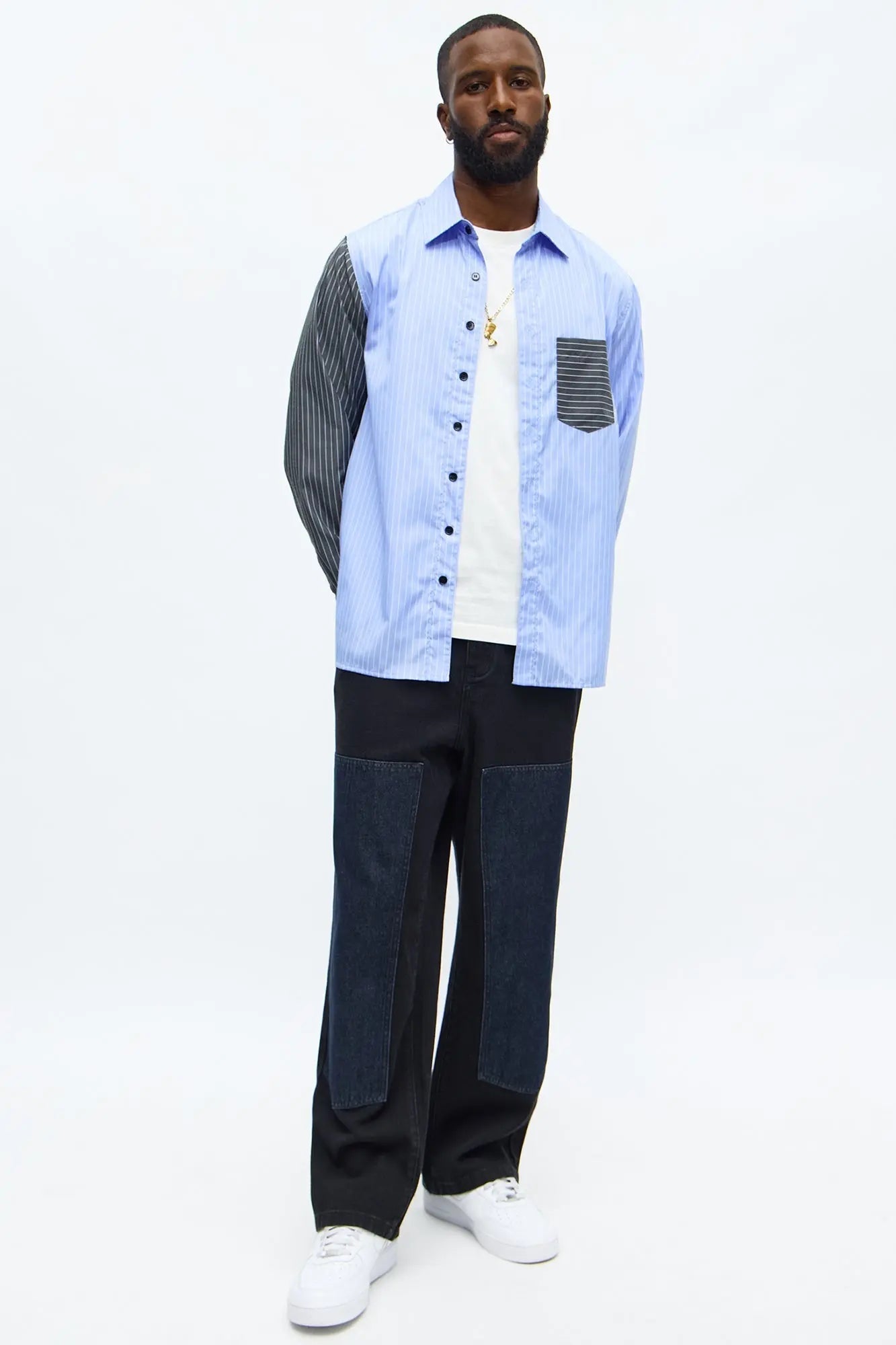 Split Up Pinstripe Button Down Shirt - Blue/combo
