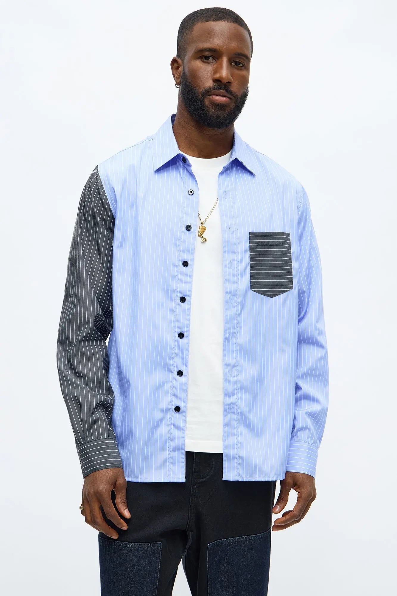 Split Up Pinstripe Button Down Shirt - Blue/combo