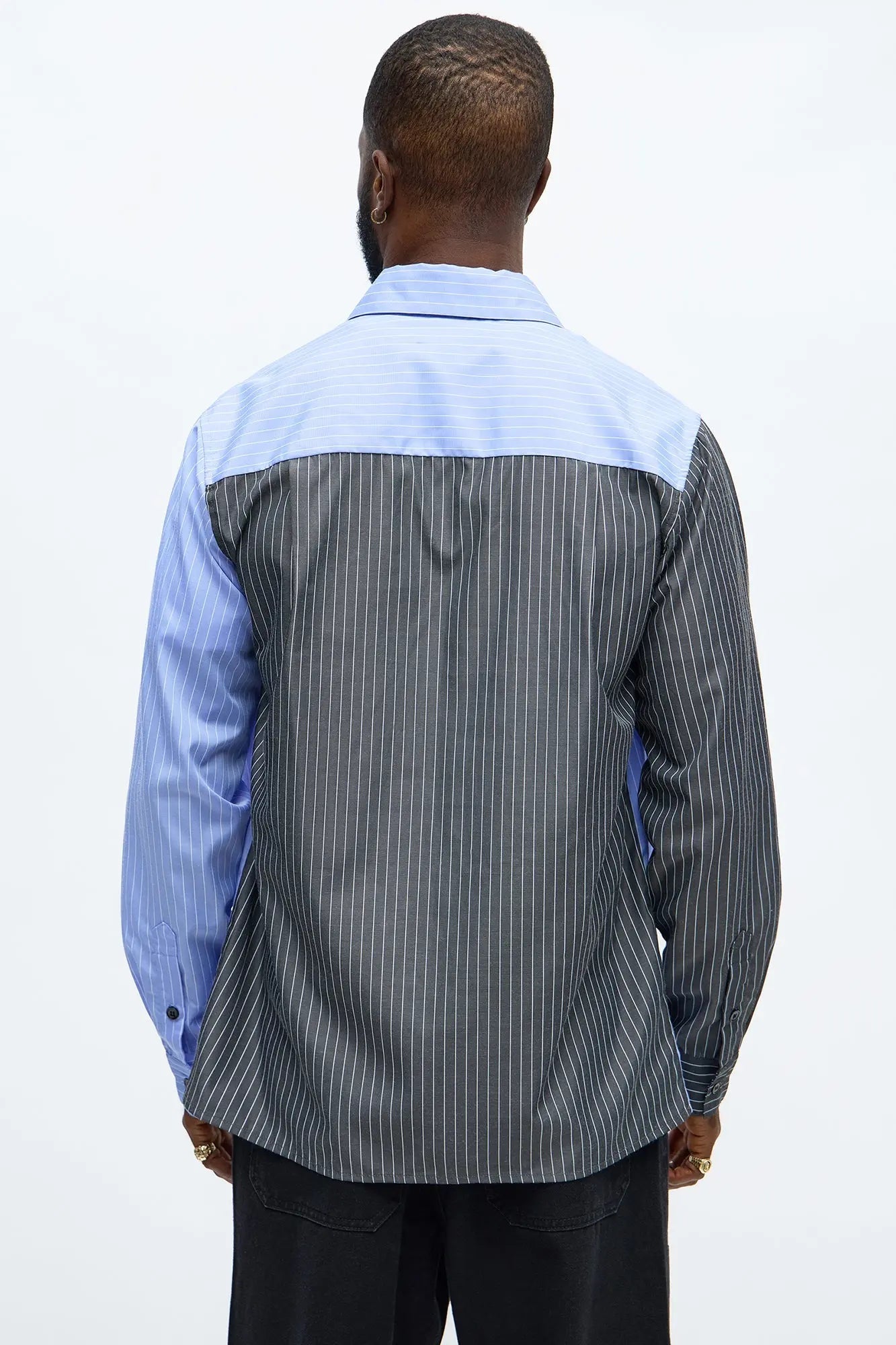 Split Up Pinstripe Button Down Shirt - Blue/combo