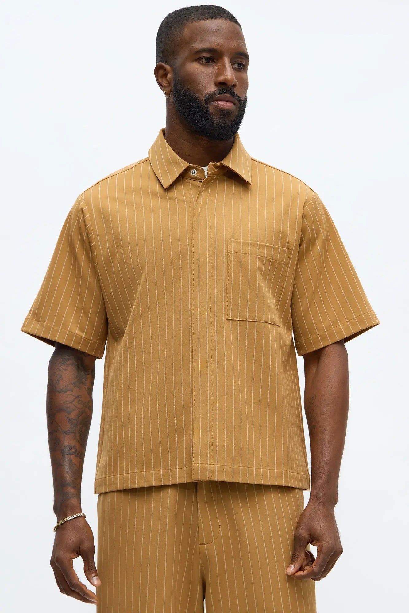 Cropped Short Sleeve Straight Striped Button Up Shirt - Yellow
