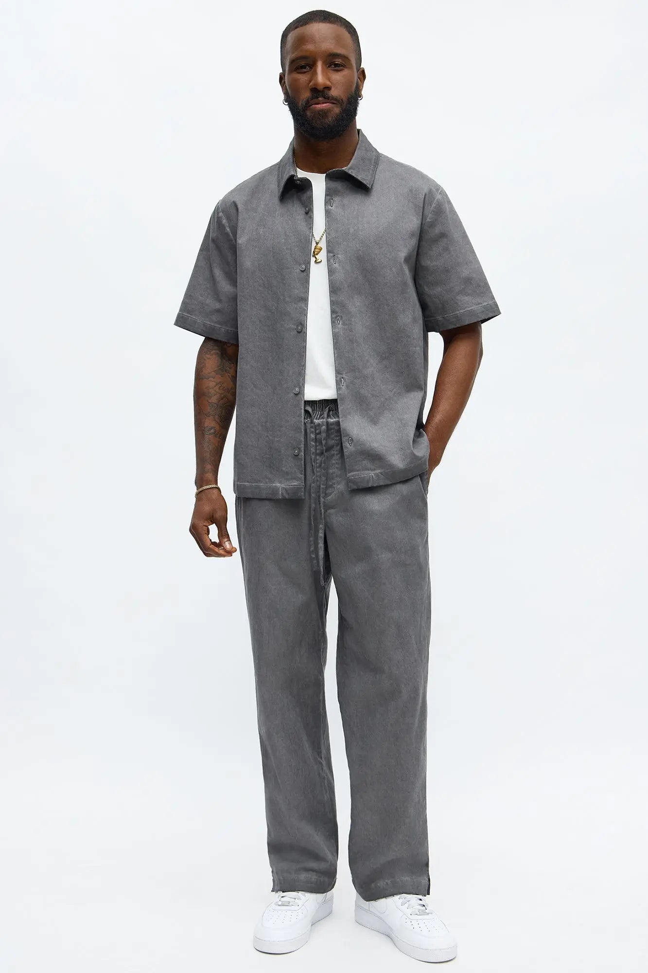 Faded Out Short Sleeve Button Up Shirt - Grey