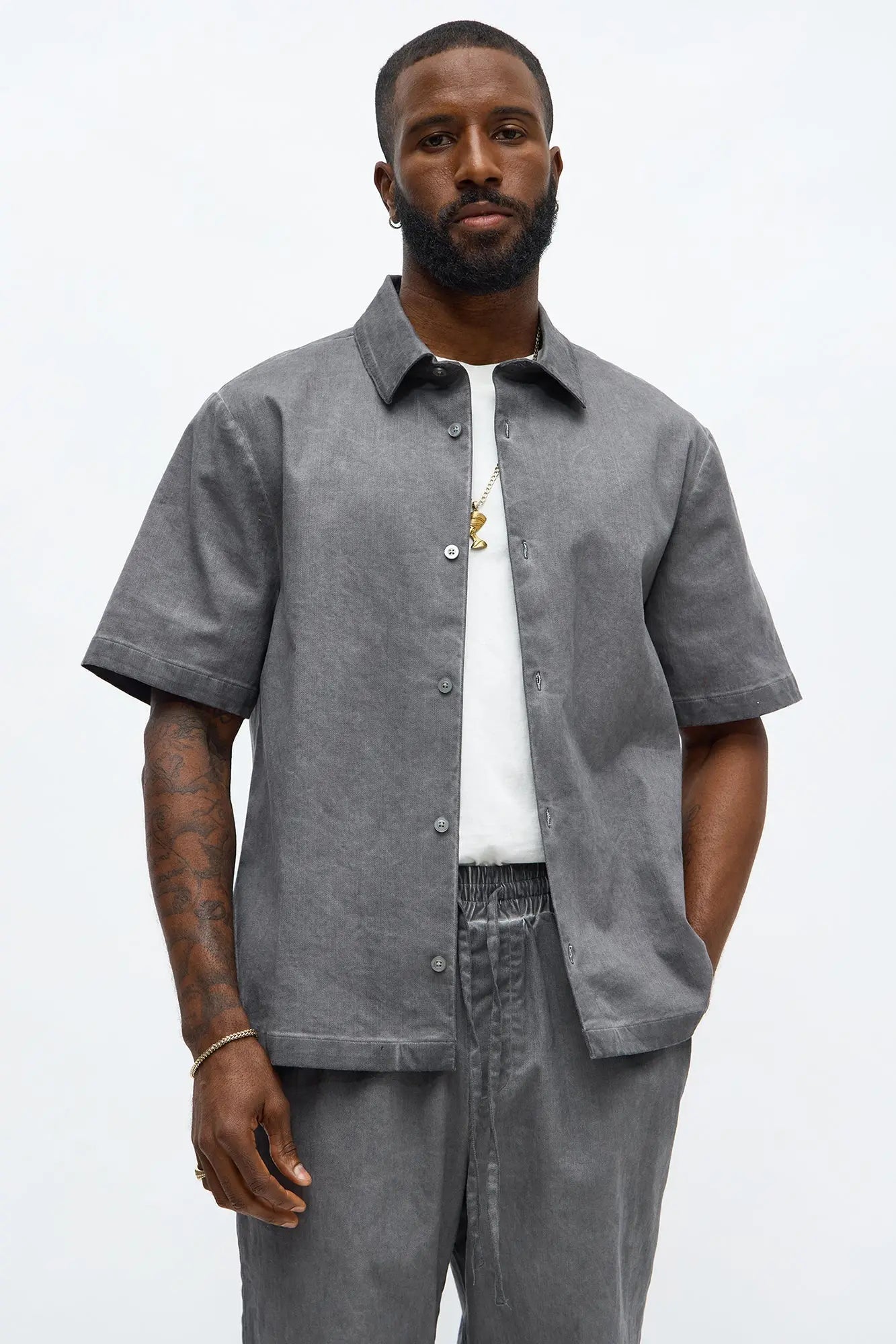 Faded Out Short Sleeve Button Up Shirt - Grey