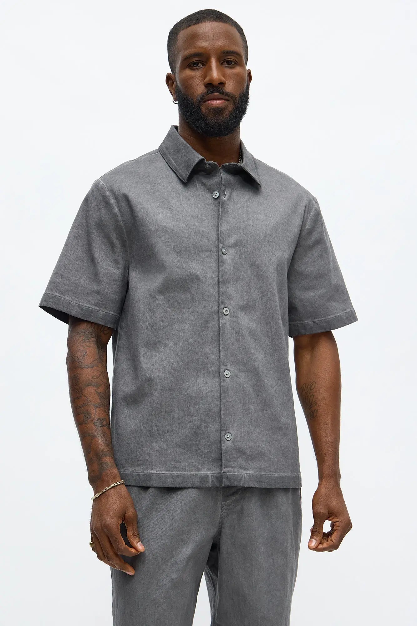 Faded Out Short Sleeve Button Up Shirt - Grey