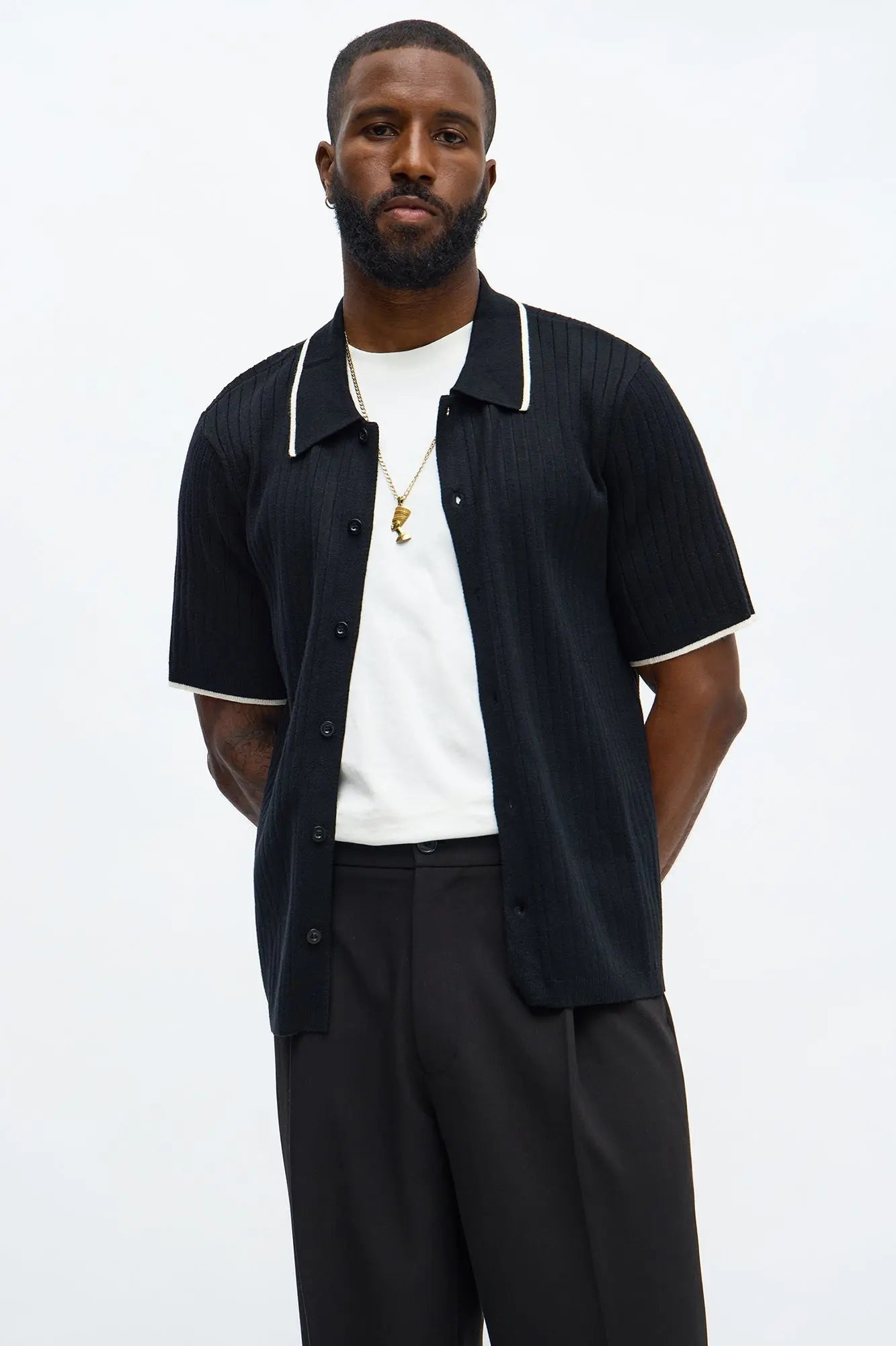 Garrison Knitted Button Up Shirt - Black