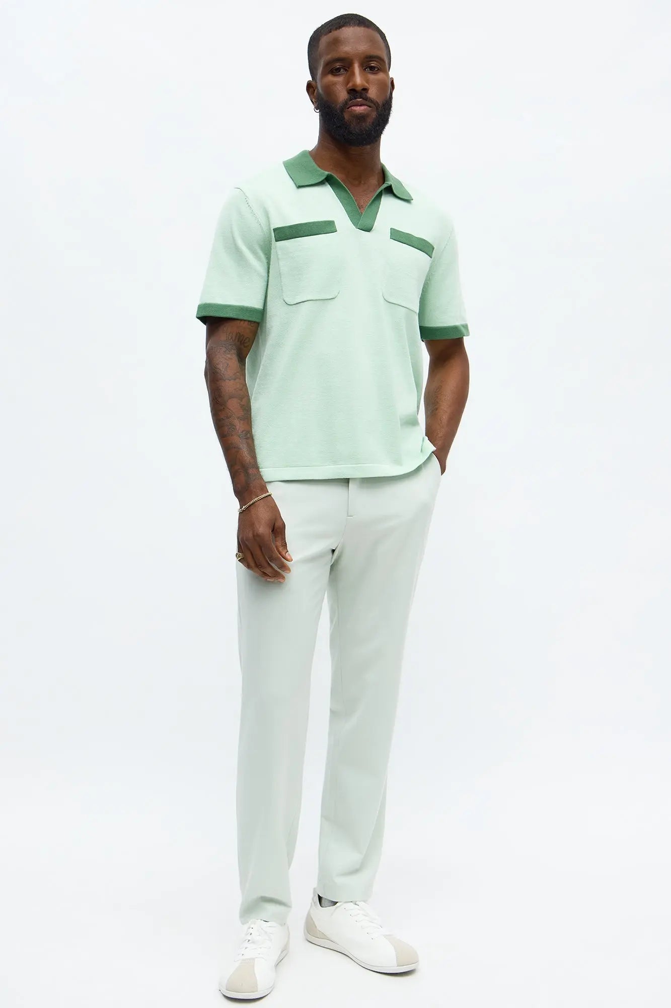 Oversized Exaggerated Pockets Lounge Polo - Green/combo