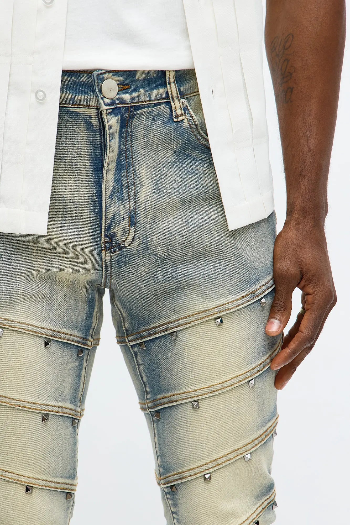 Stacked Skinny Flare Studded On Panels Jean - Vintage Blue Wash