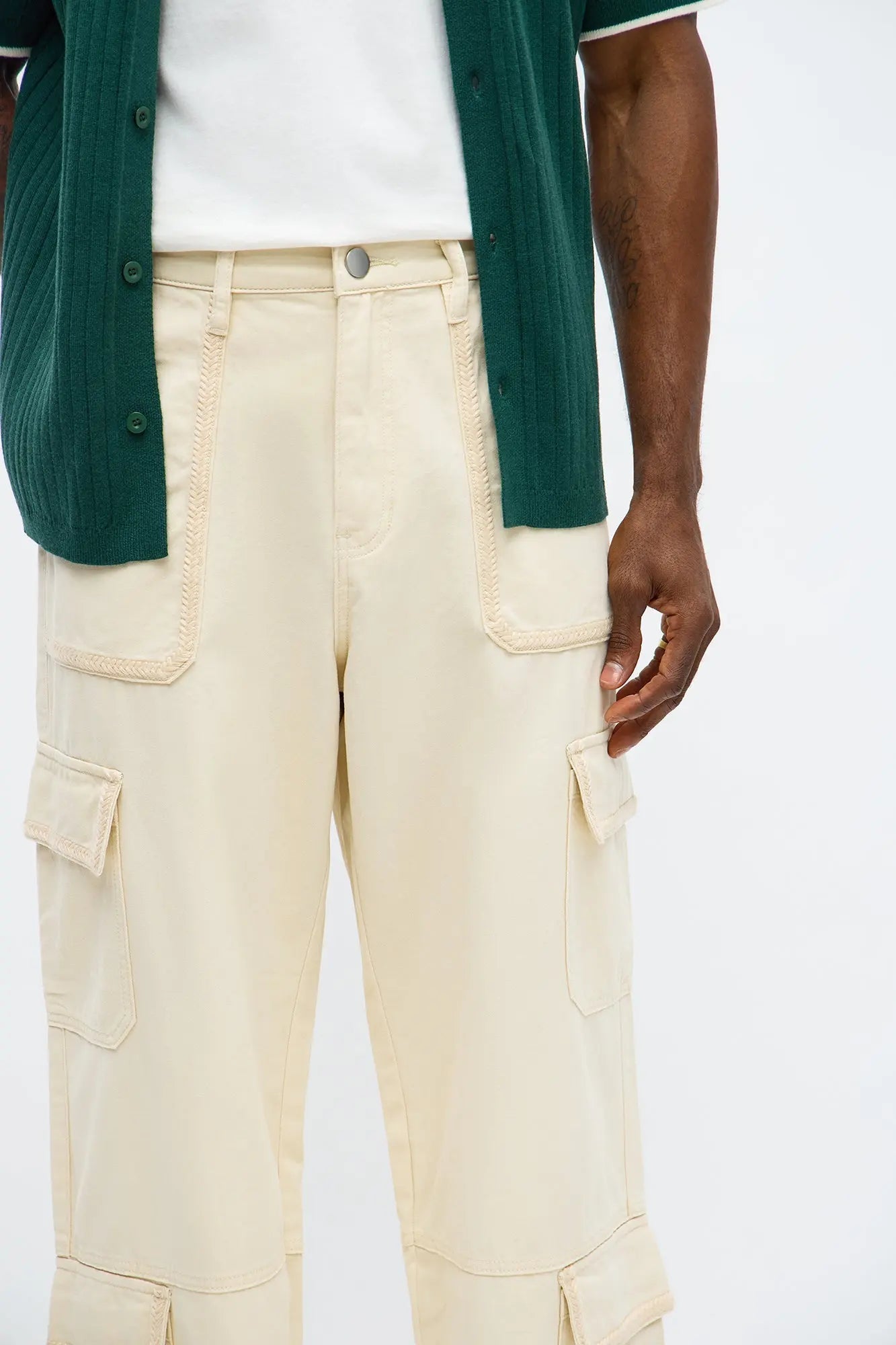 Baggy Chain Stitch Cargo Pant - Khaki