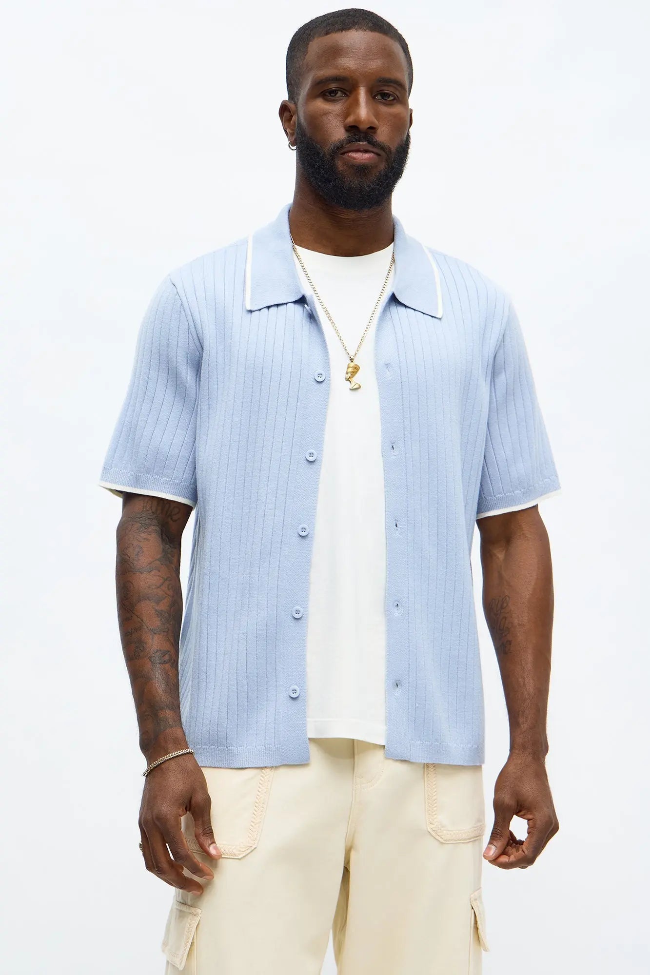 Garrison Knitted Button Up Shirt - Blue