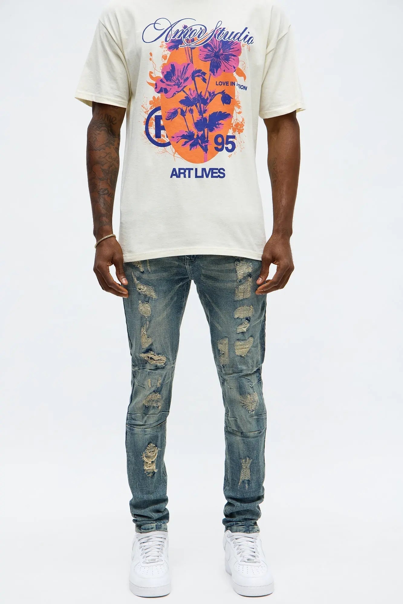 Skinny Paneled And Distressed Jean - Medium Blue Wash