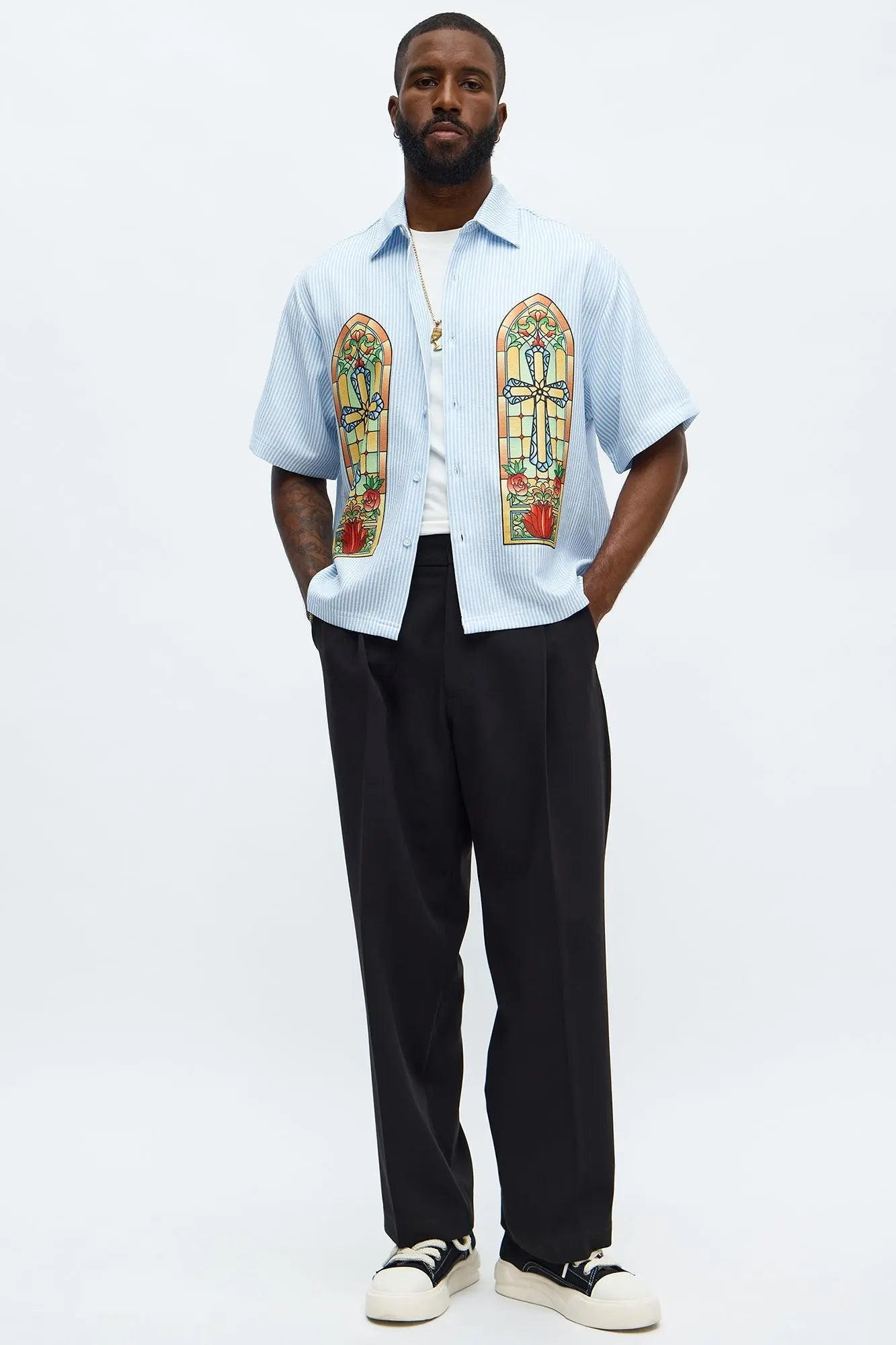 Saints Stained Glass Short Sleeve Button Up - Blue/combo