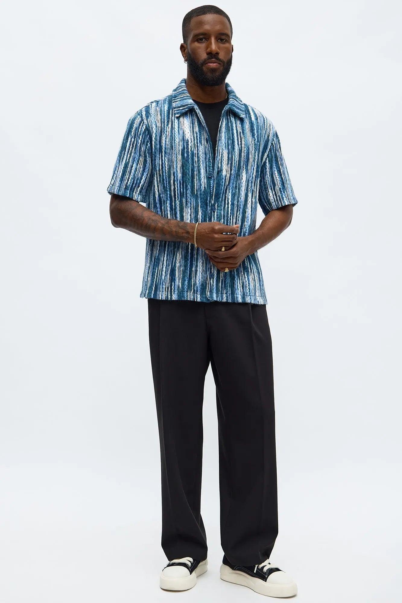 Melange Yarn Closed Closed Collar Short Sleeve Shirt - Blue/combo