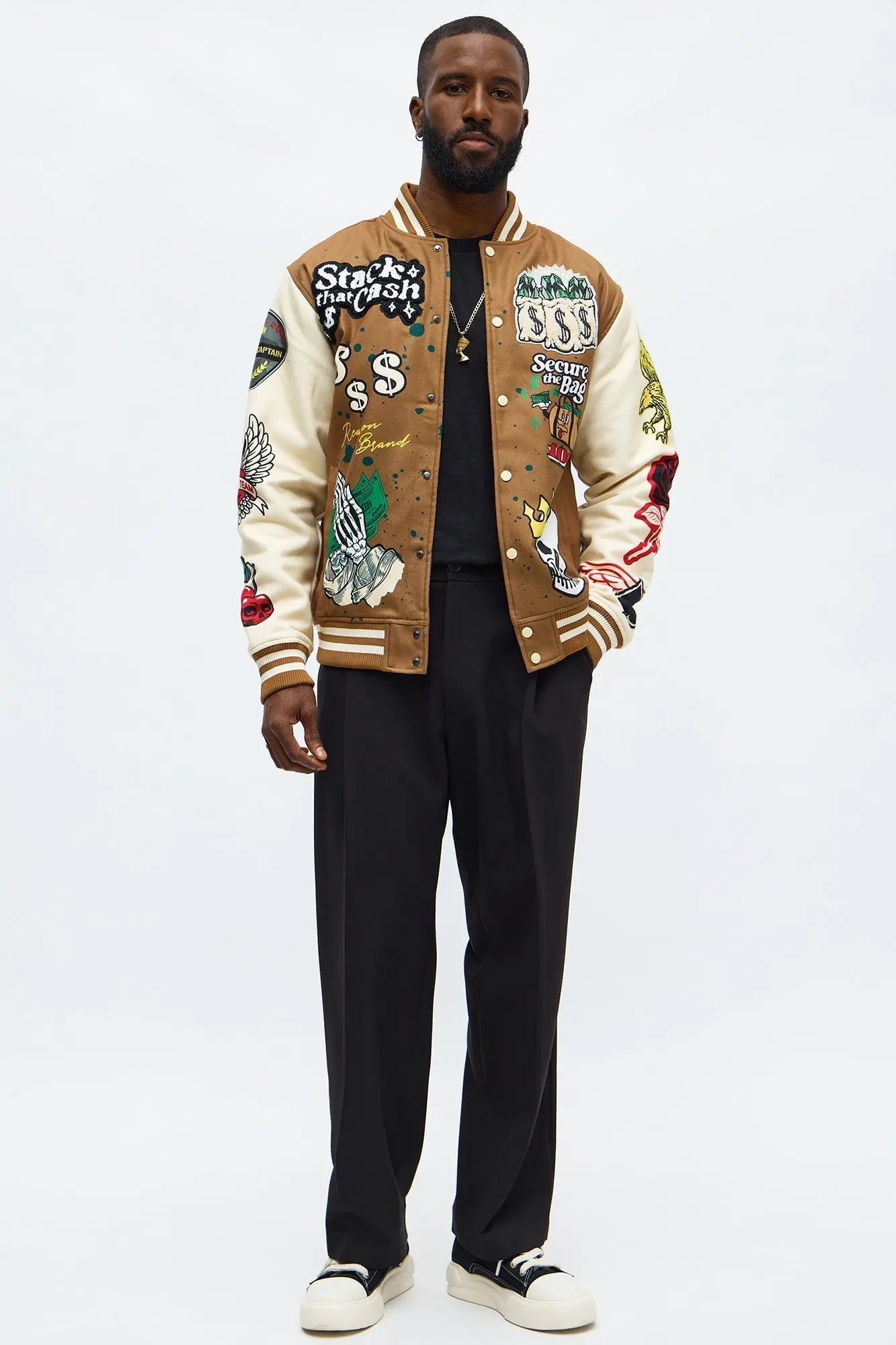 Stack The Cash Varsity Jacket - Brown