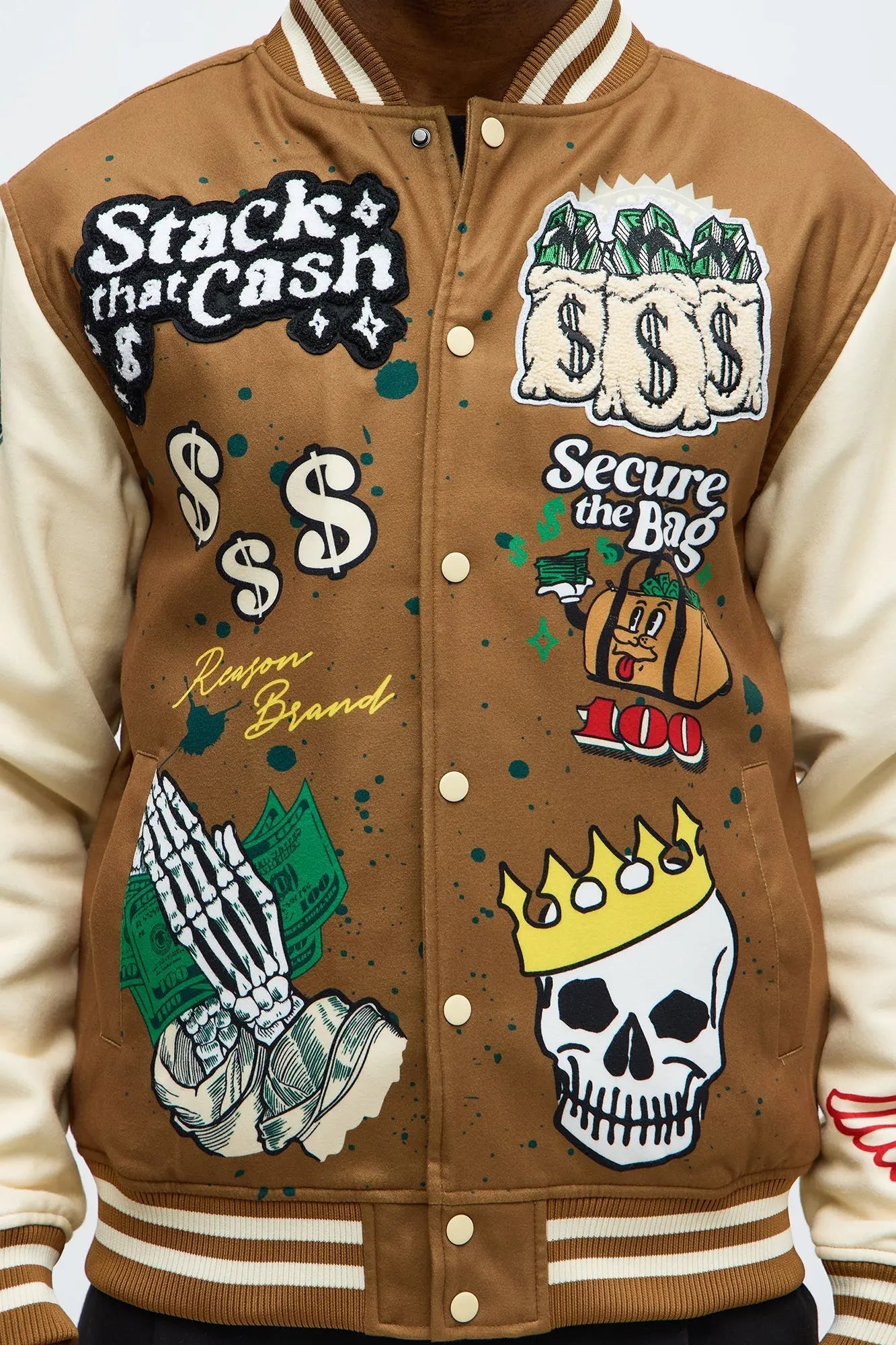 Stack The Cash Varsity Jacket - Brown