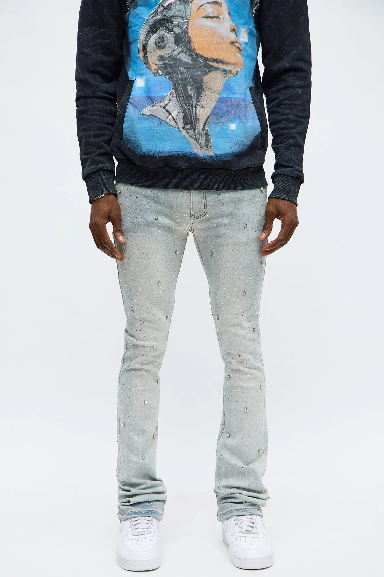 Stacked Skinny Flare Jeweled With It Jean - Light Wash