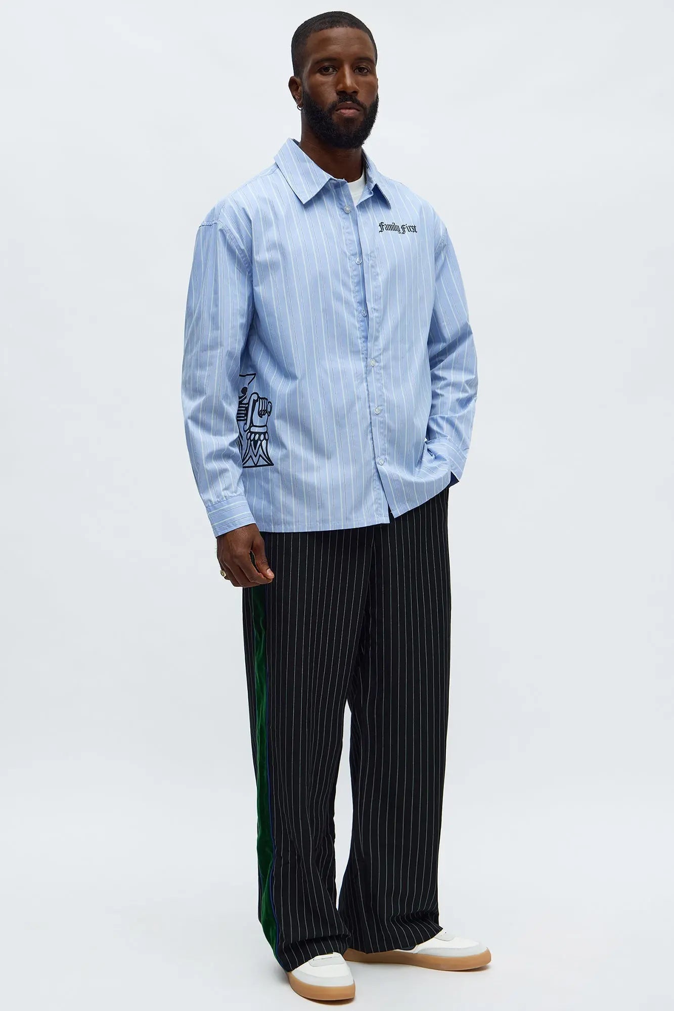 Oversized Graphic Printed Long Sleeve Button Up Shirt - Blue/combo
