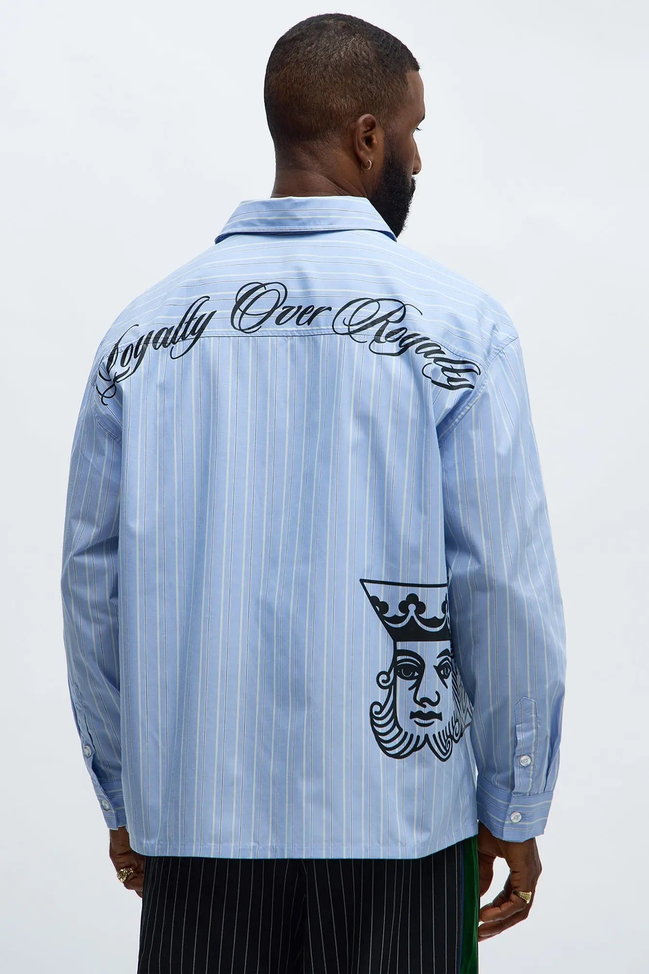 Oversized Graphic Printed Long Sleeve Button Up Shirt - Blue/combo