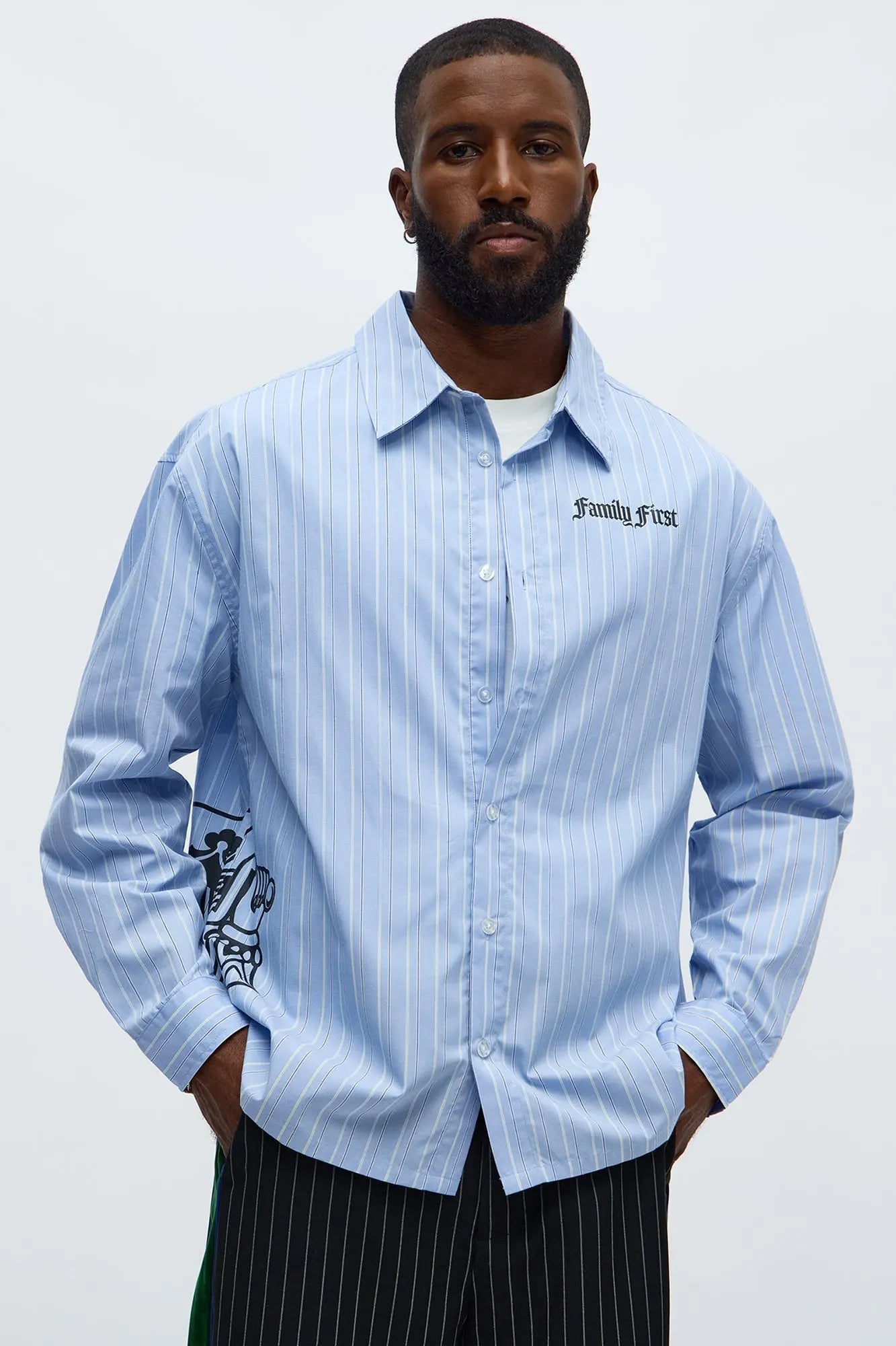 Oversized Graphic Printed Long Sleeve Button Up Shirt - Blue/combo