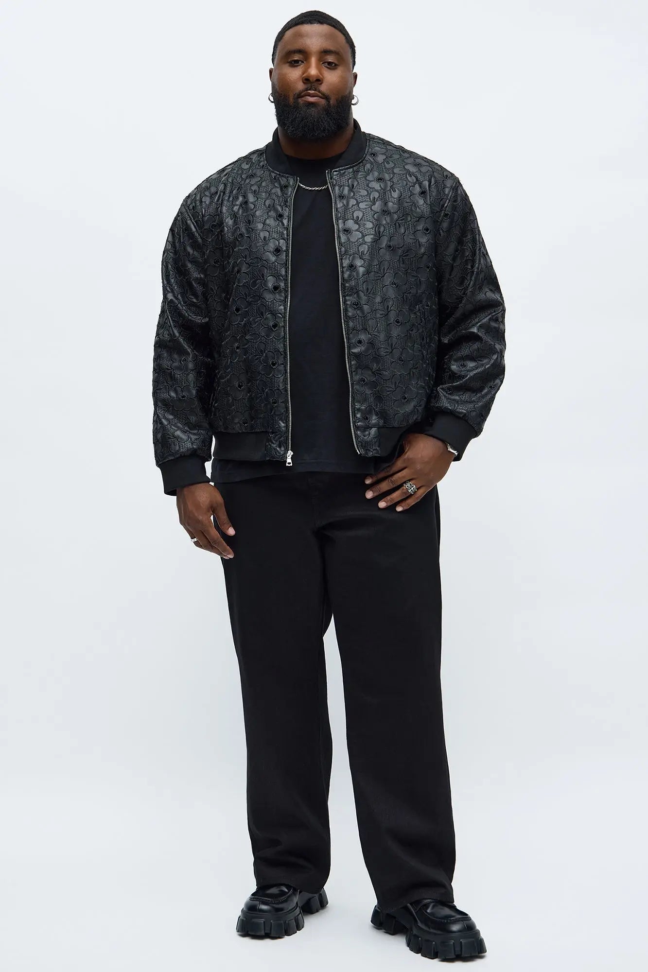 Relaxed Faux Leather Embroidered Floral Bomber Jacket - Black